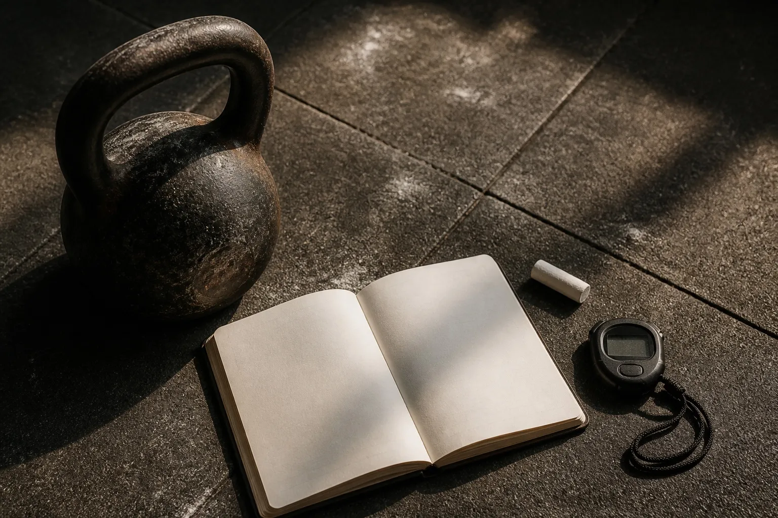 A kettlebell, training notebook, and timer sit together on a worn rubber floor.