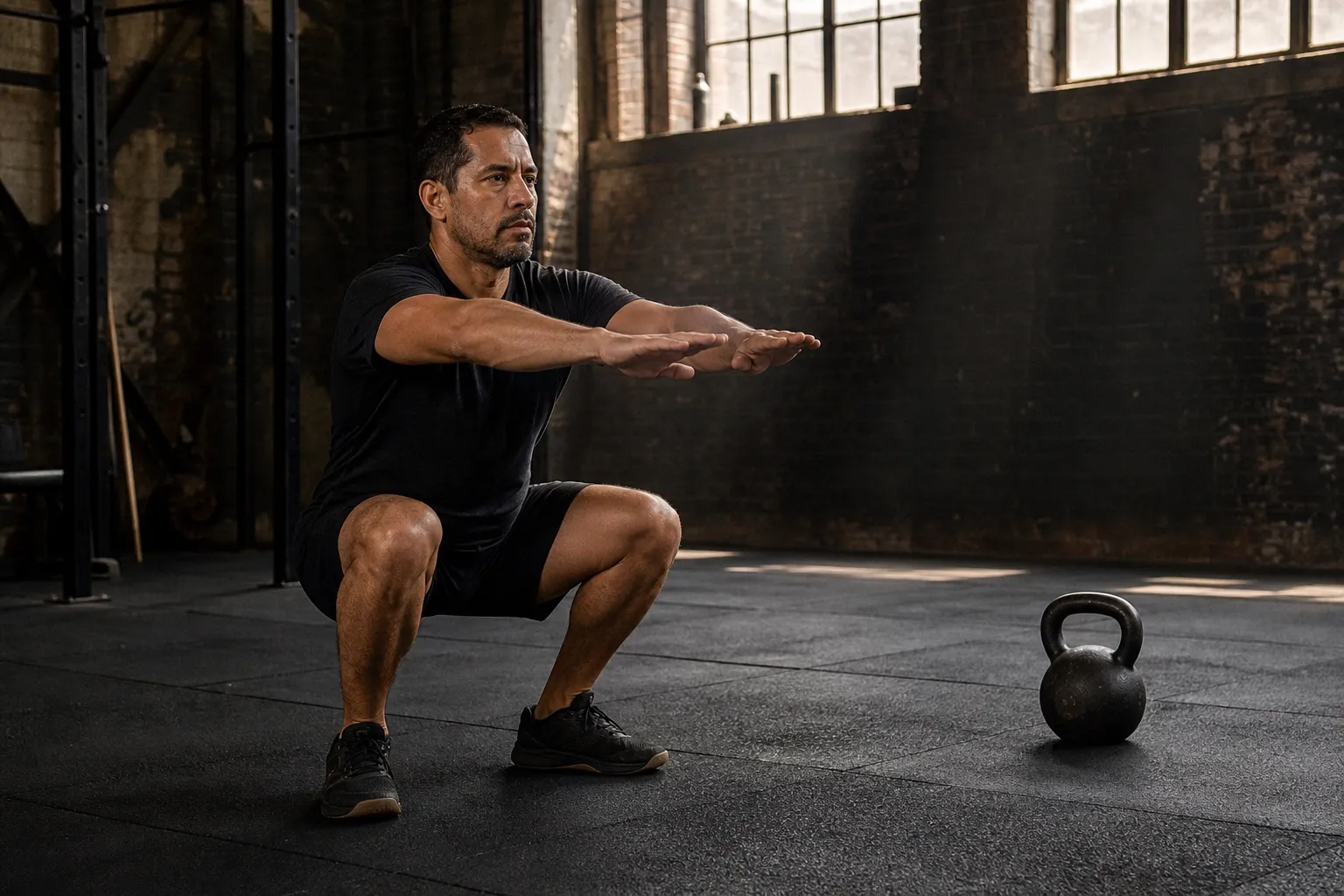 A man performs a controlled bodyweight squat beside a kettlebell on a worn gym floor.