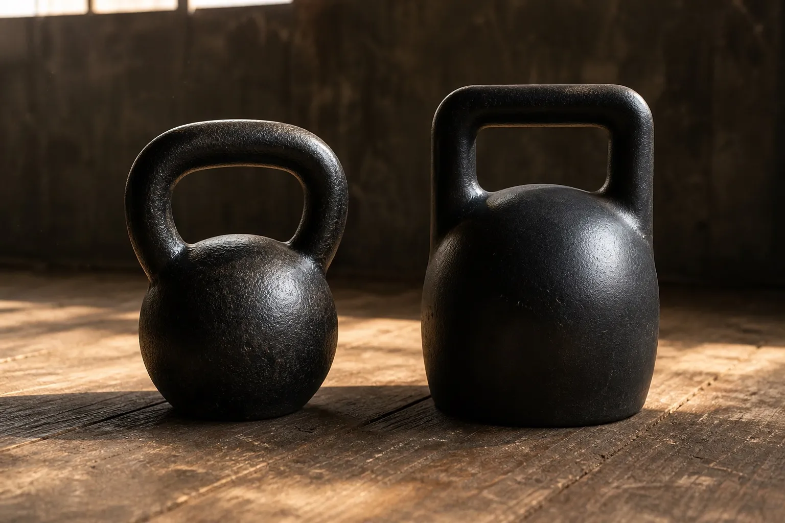 A black cast-iron kettlebell and a same-weight competition-style kettlebell stand side by side on a worn gym floor.
