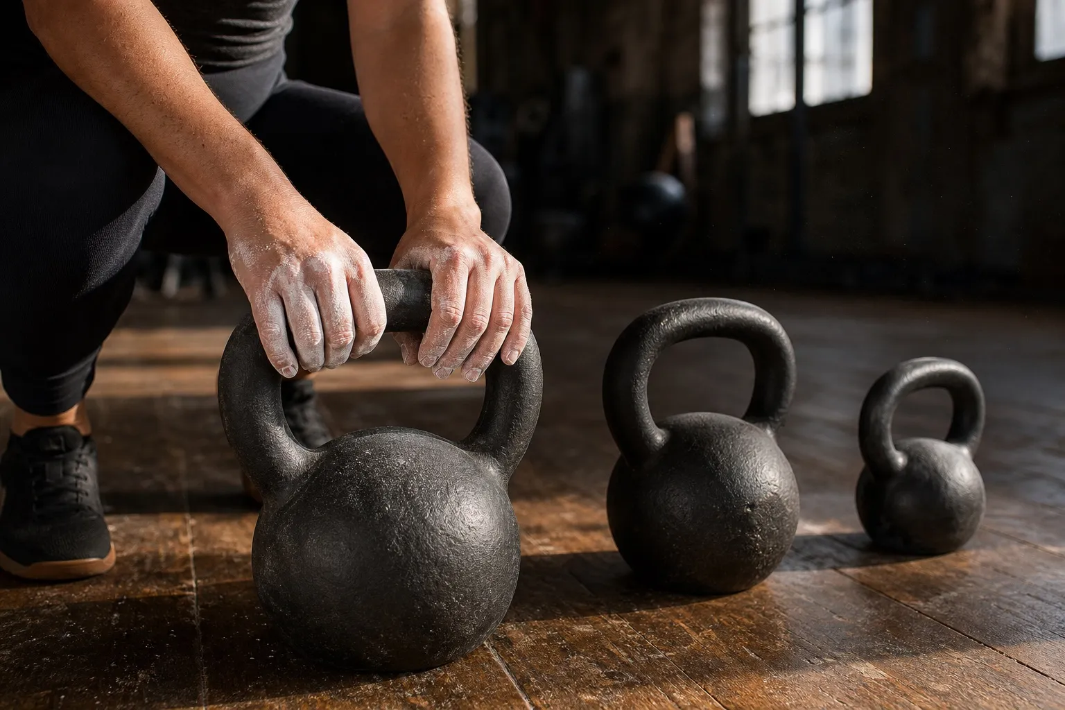 Chalk-covered hands rest on the handle of a plain cast-iron kettlebell beside two different-size bells.