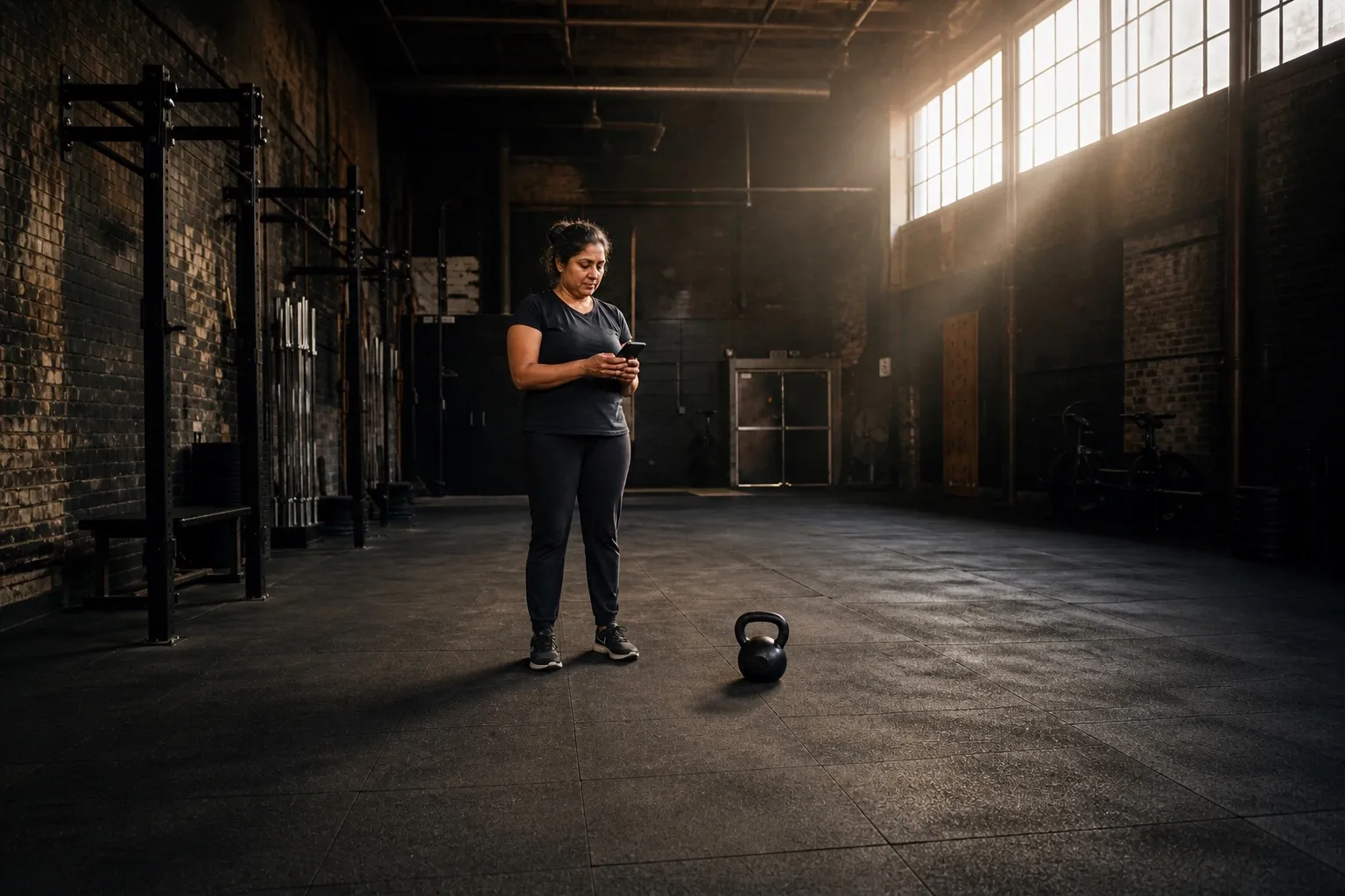 A woman reviews a previous kettlebell session on her phone before training.