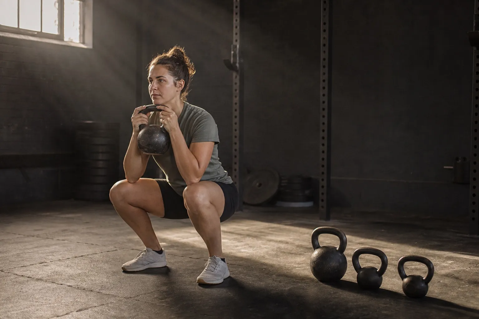A woman holds a kettlebell at her chest in a controlled squat beside three different-size bells in a dark gym.