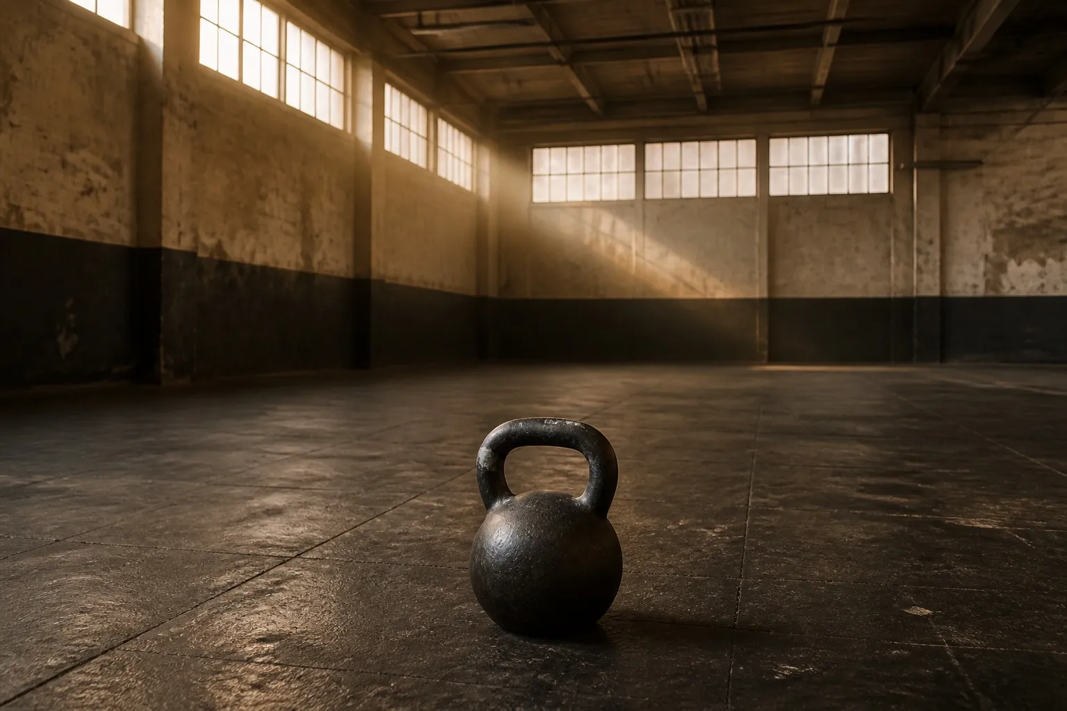 A single cast-iron kettlebell sits in a large cleared training area with open floor and high overhead space.