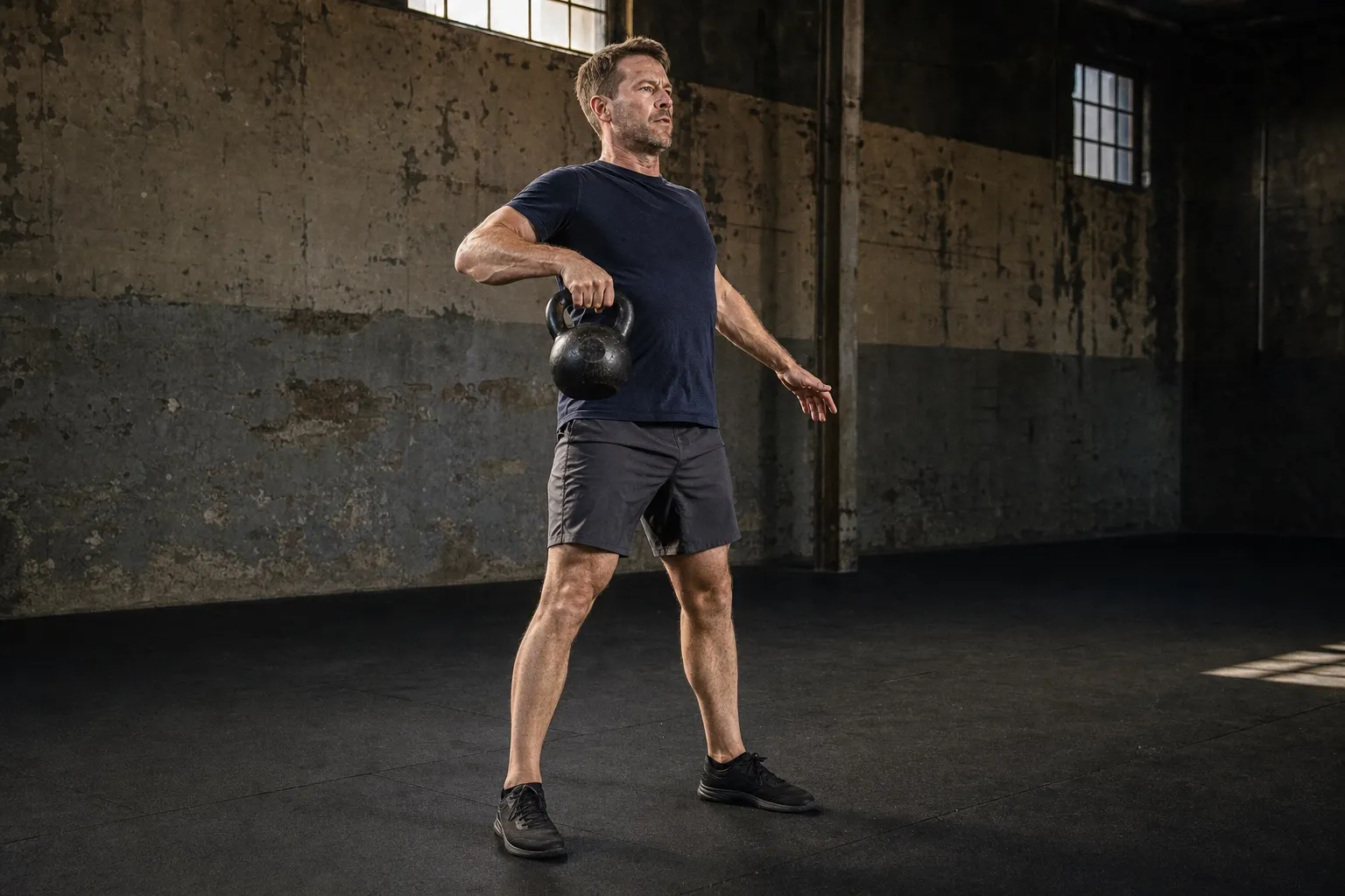 A man guides a kettlebell upward close to his torso with his elbow bent during the middle of a clean.