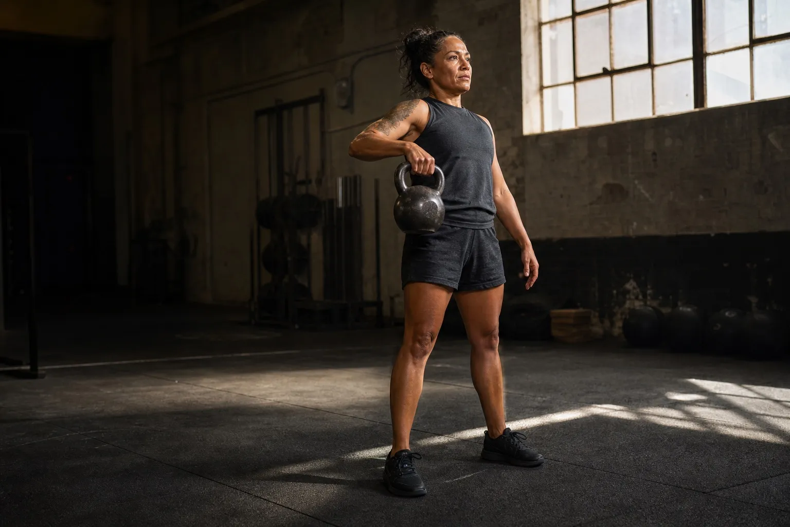 A woman guides a kettlebell close to her torso during the high-pull phase before a snatch.