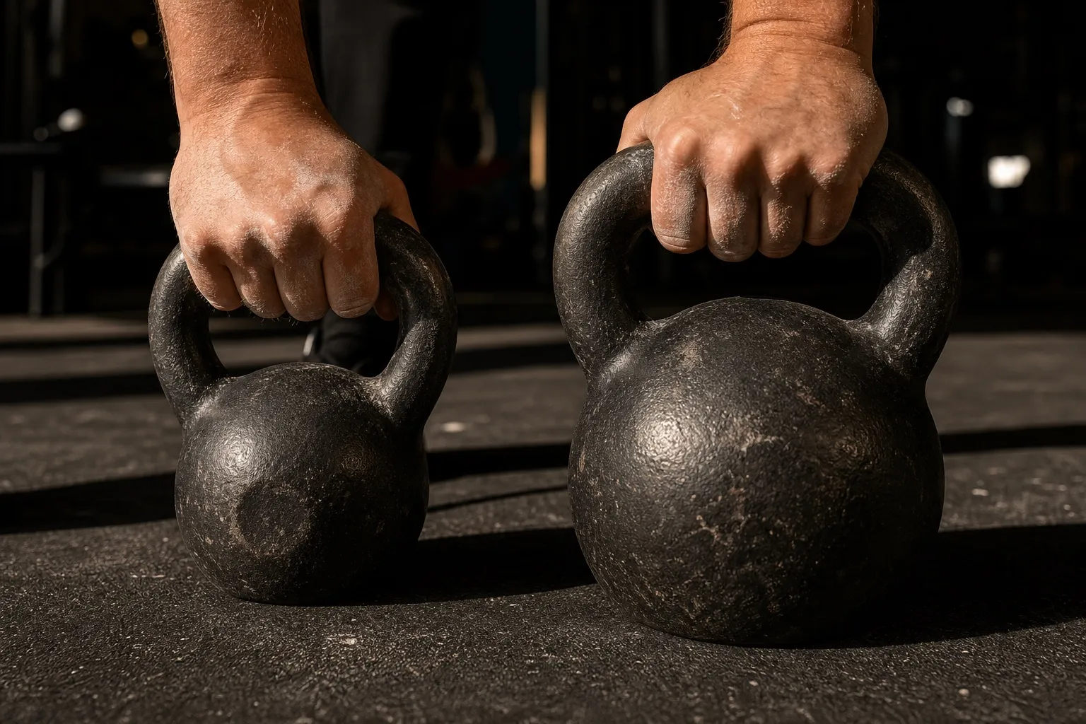 Two hands compare the handles and finishes of different-size cast-iron kettlebells on a worn gym floor.