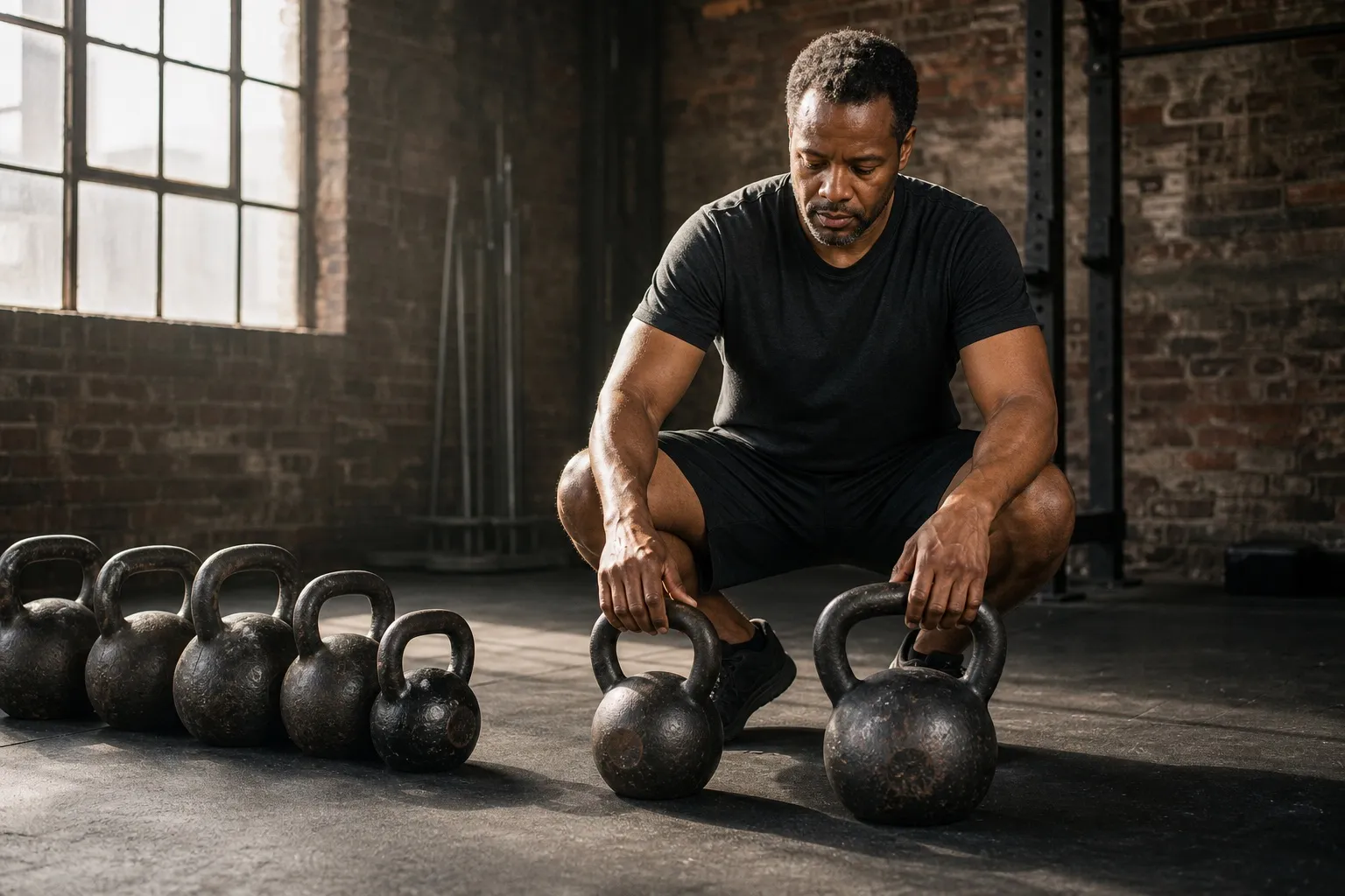 An athlete compares two unbranded kettlebells beside a row of different-size bells.