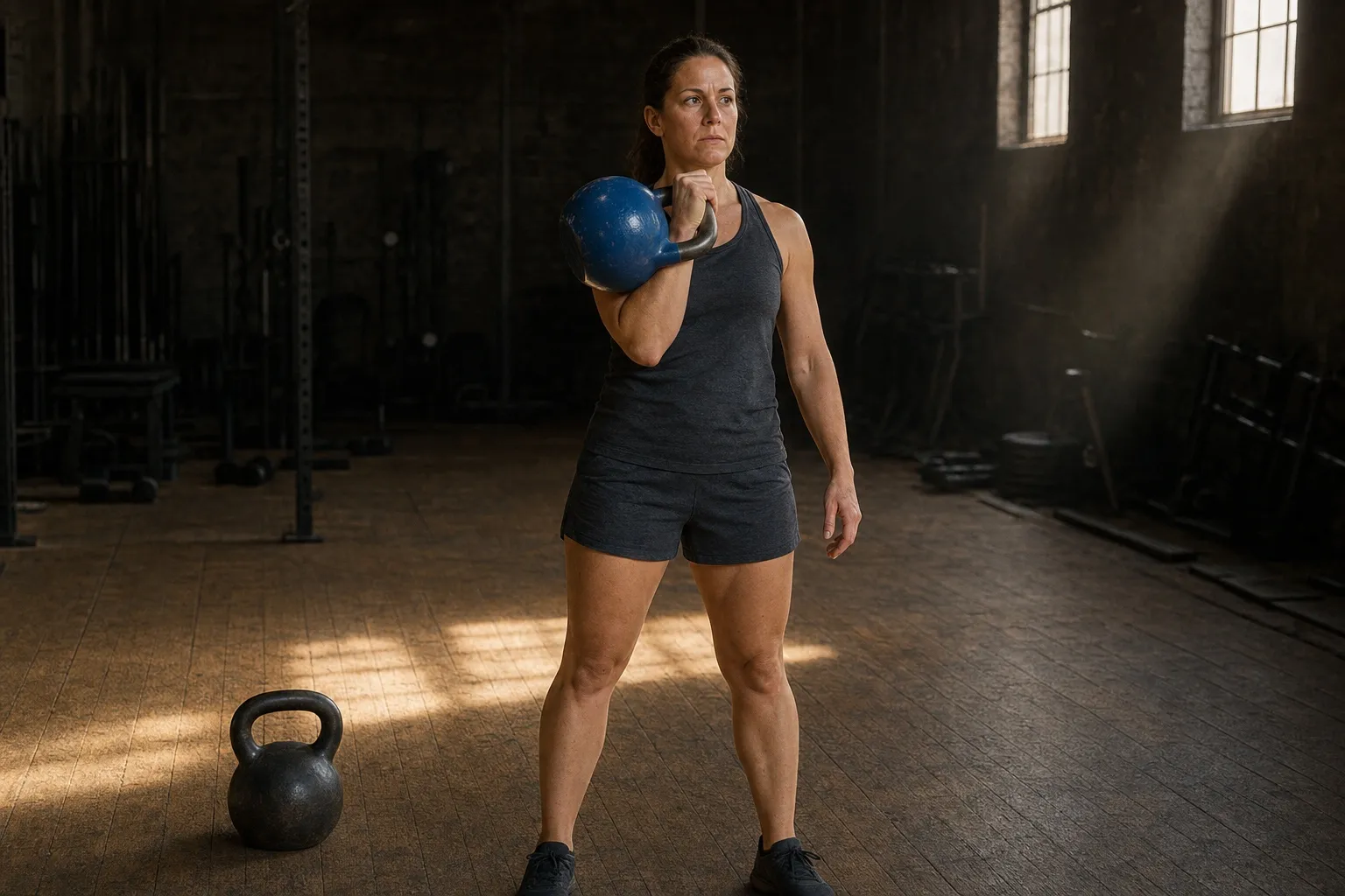 A woman holds a full-size competition-style kettlebell in the rack position while a compact cast-iron bell rests on the floor.