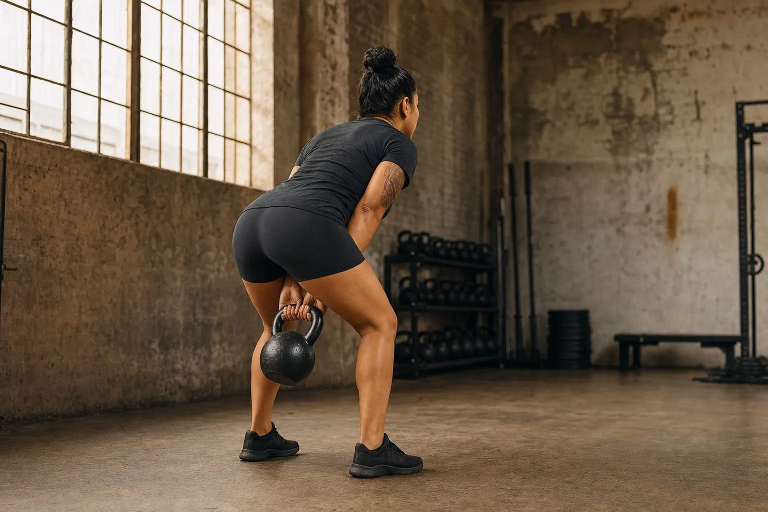 A woman maintains a hip hinge as the kettlebell travels high between her thighs during the backswing.