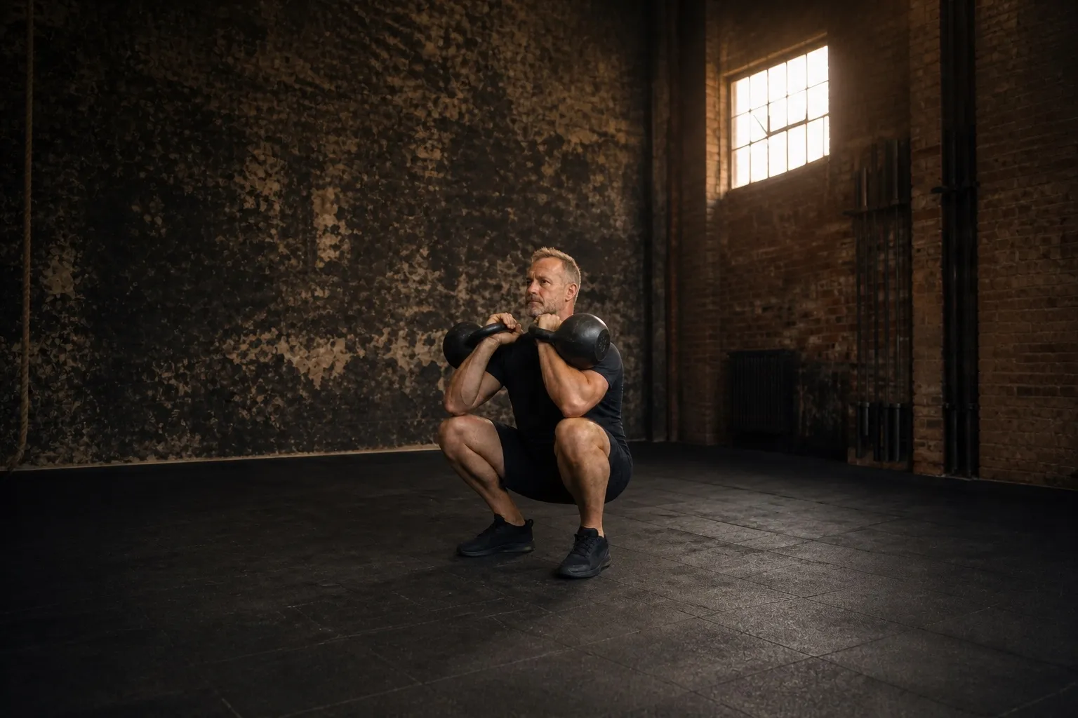 A man holds two matching kettlebells in the rack position during a front squat.