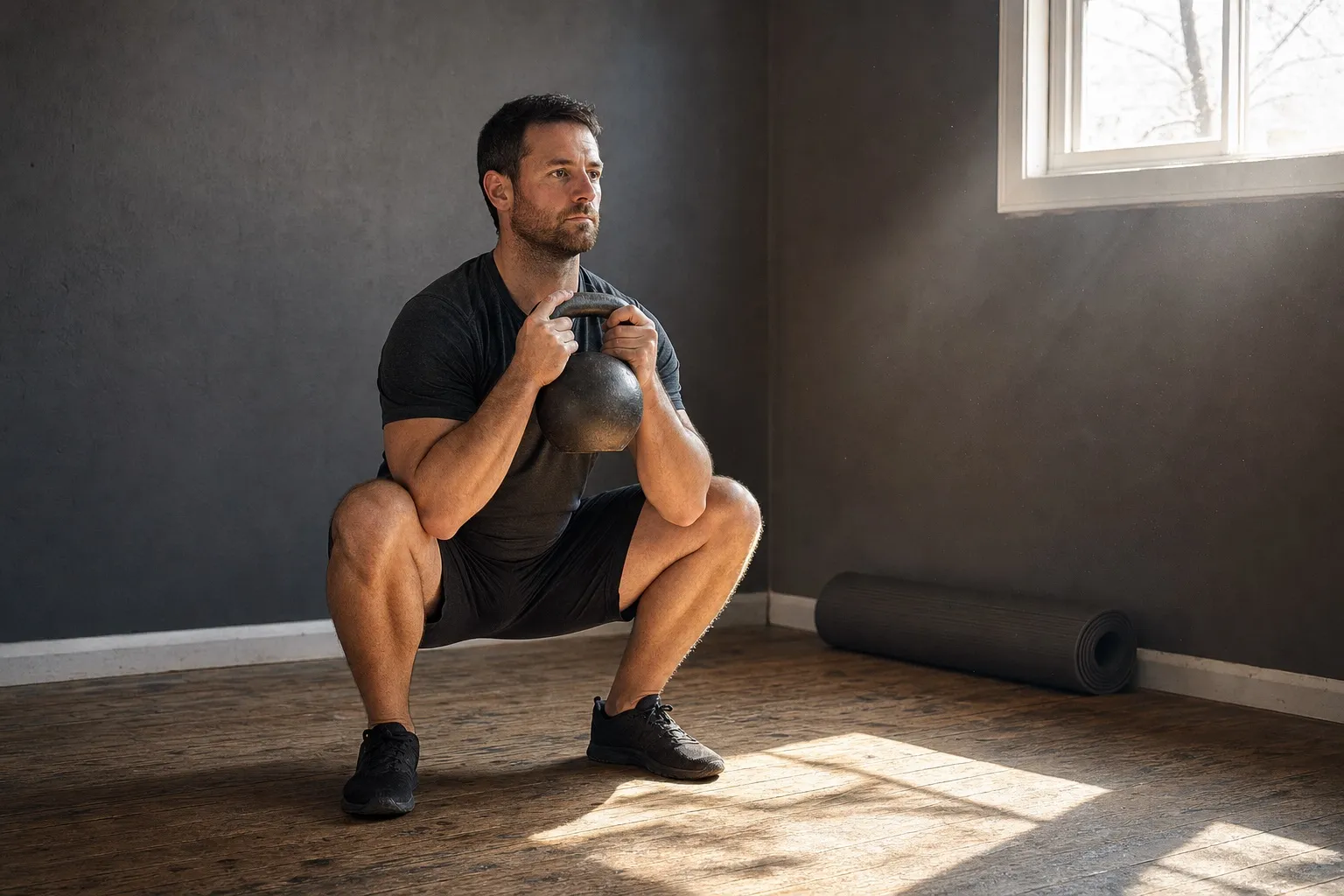 A man performs a controlled goblet squat with the only kettlebell in a modest spare-room training area.