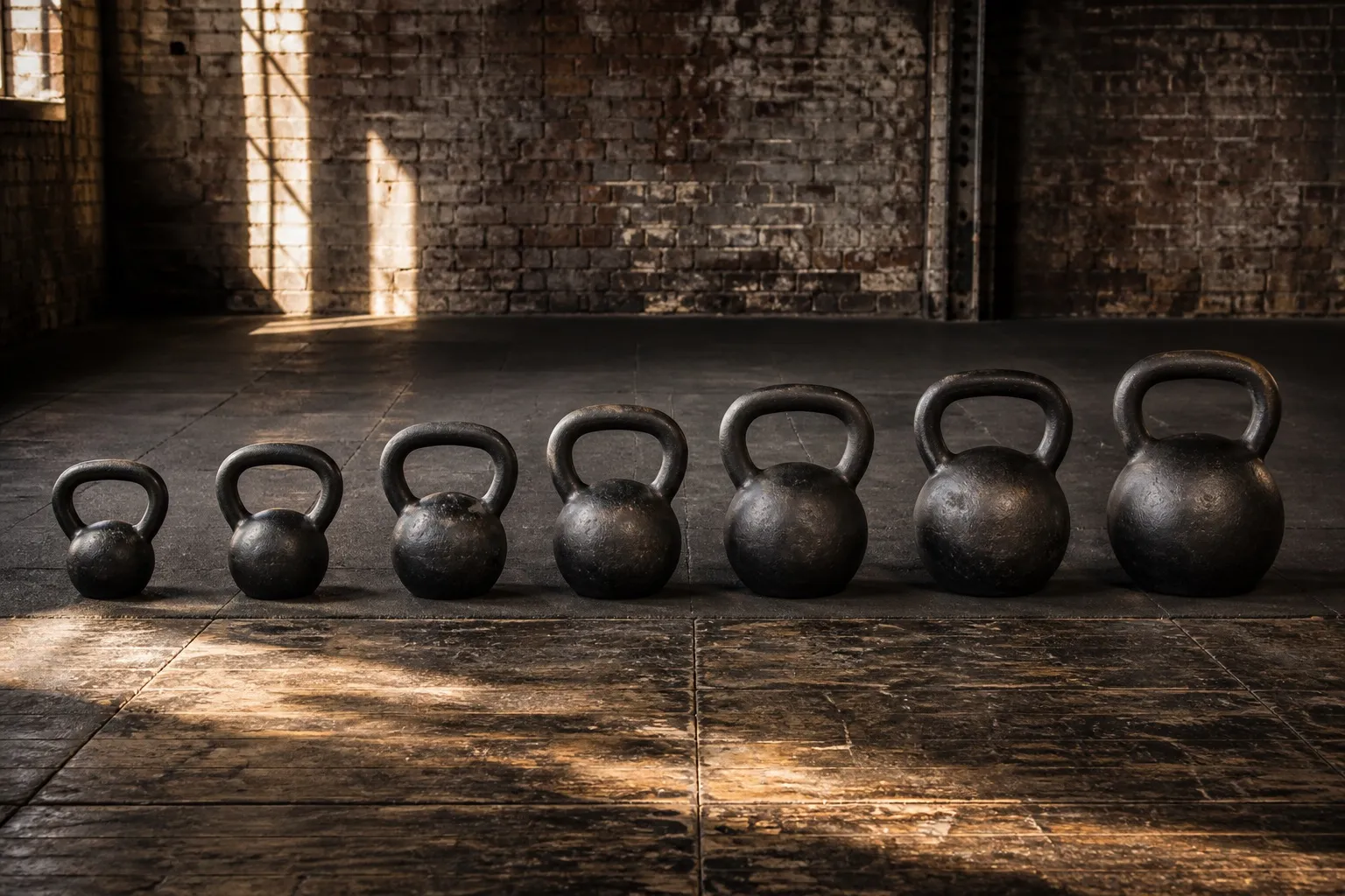 A graduated row of plain cast-iron kettlebells sits on a worn gym floor.
