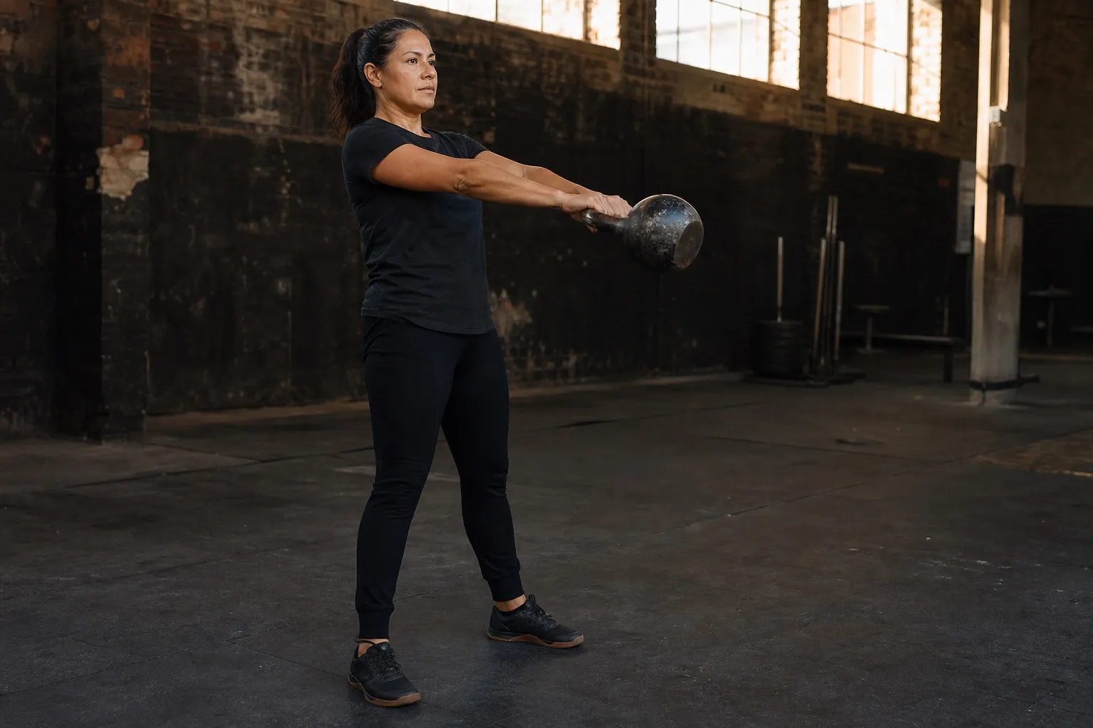 A woman performs a two-hand kettlebell swing in a spacious industrial gym.