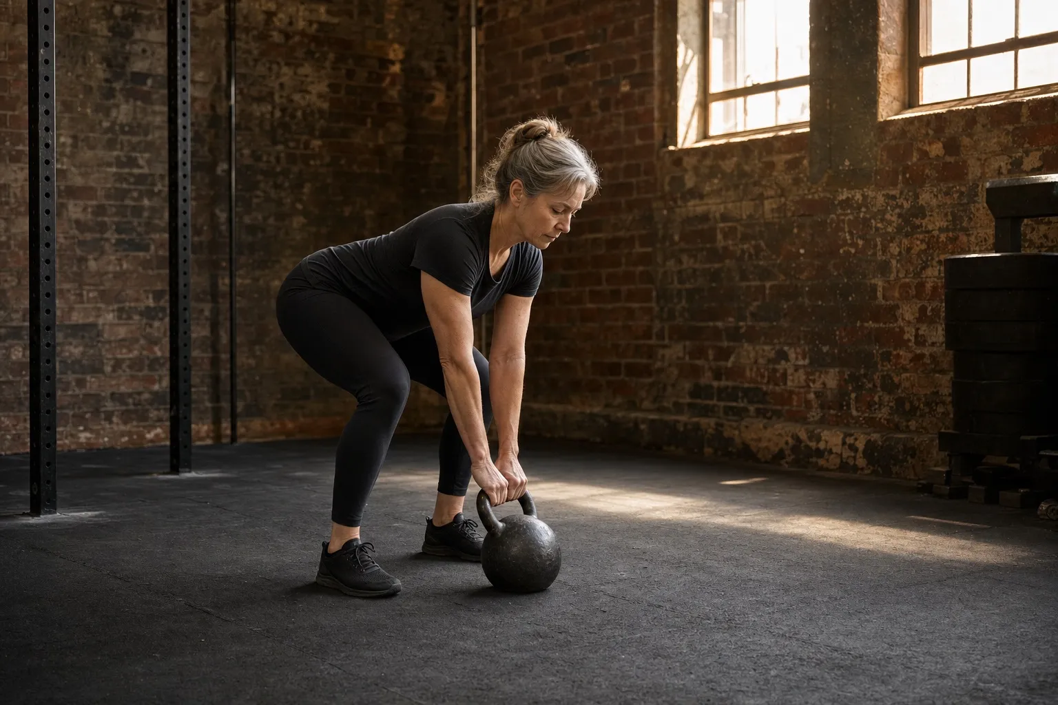 A woman grips a kettlebell set in front of her feet while holding a balanced hip-hinge position.