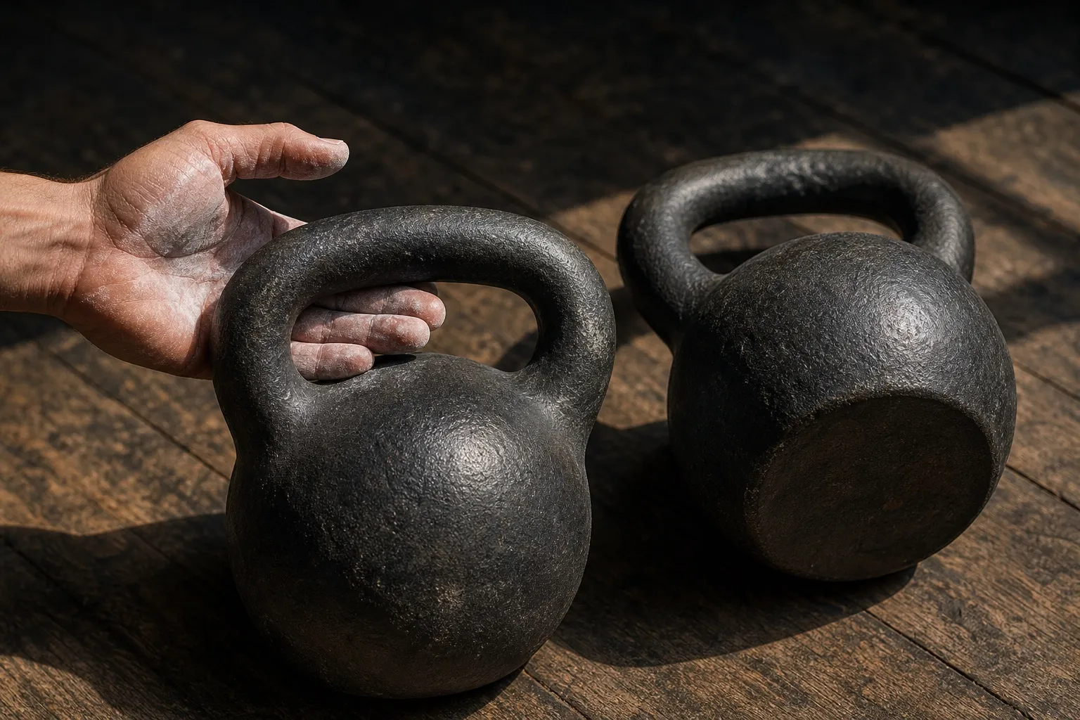 A chalk-dusted hand checks a cast-iron handle beside a second kettlebell turned to show its flat base.