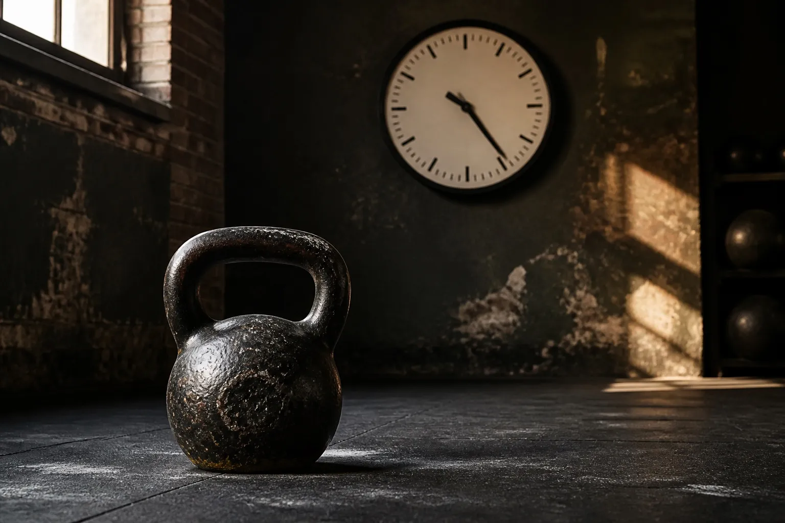 A kettlebell rests beside a round interval timer between minute-based sets.