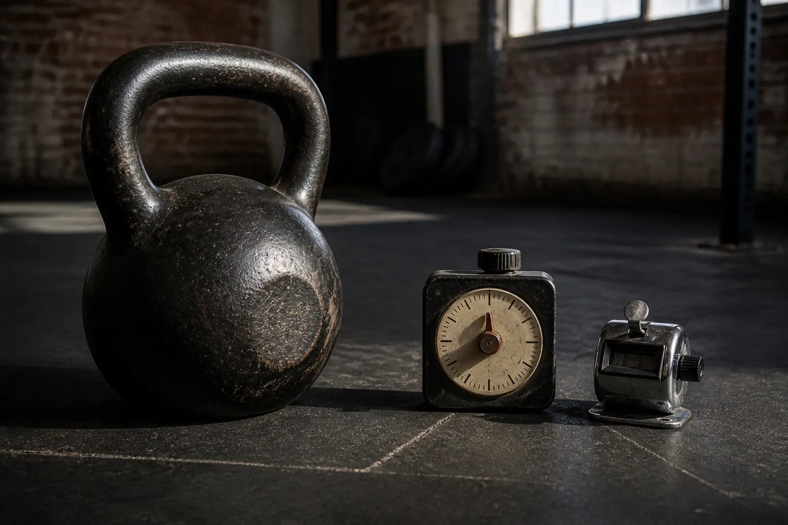 A kettlebell rests beside an analog interval timer and a hand tally counter.