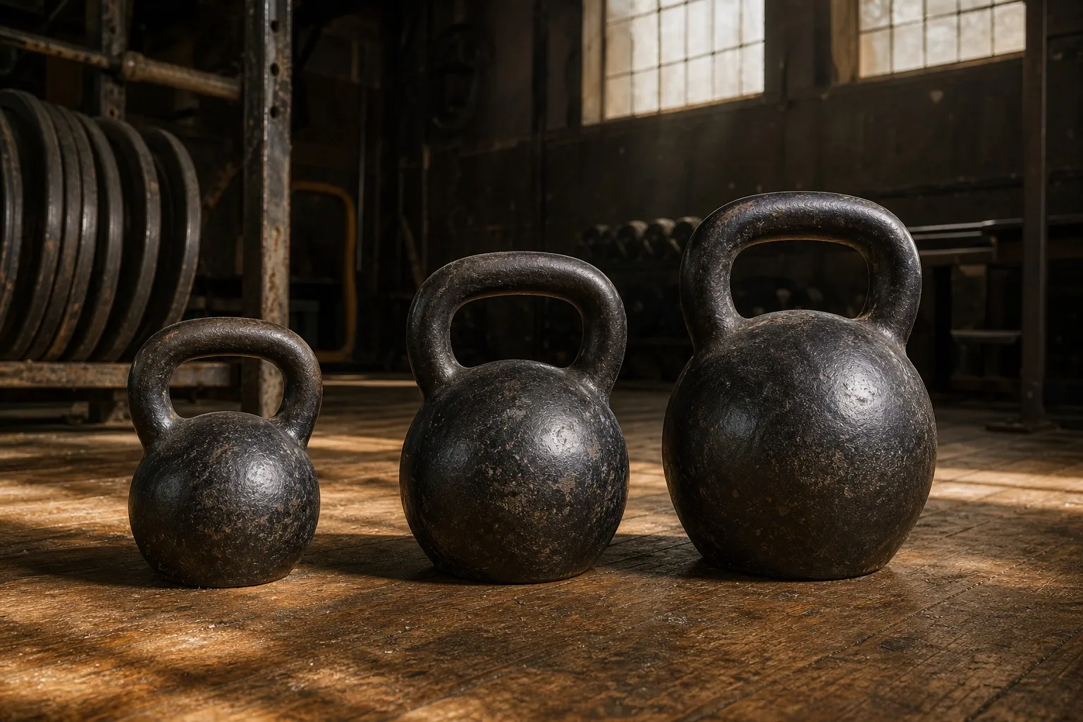Three unbranded cast-iron kettlebells of increasing size stand on a worn wooden gym floor.