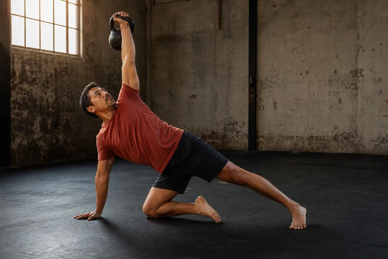 A man supports himself with one hand while sweeping his straight leg beneath him toward a kneeling position, keeping a kettlebell overhead.