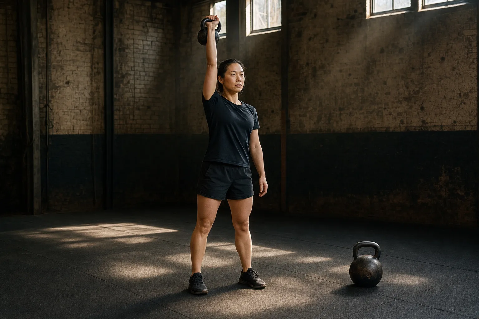A Black woman presses a light kettlebell overhead while a heavier bell remains on the floor beside her.