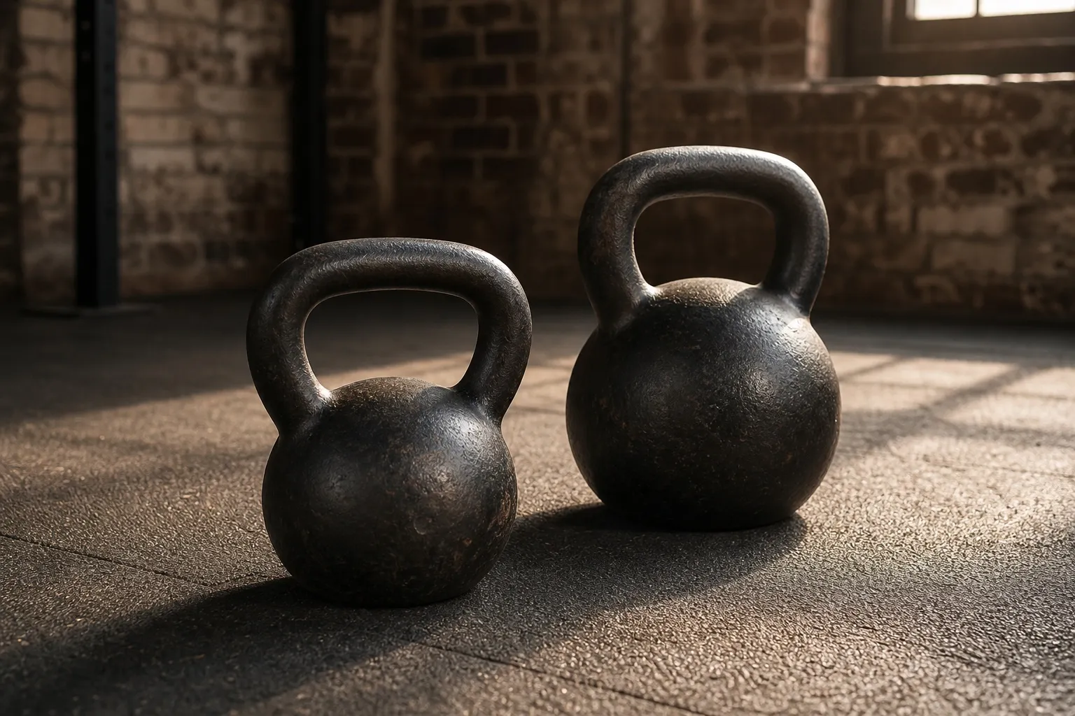 A light and a heavier cast-iron kettlebell sit in sequence on a rubber gym floor, ready for gradual warm-up sets.