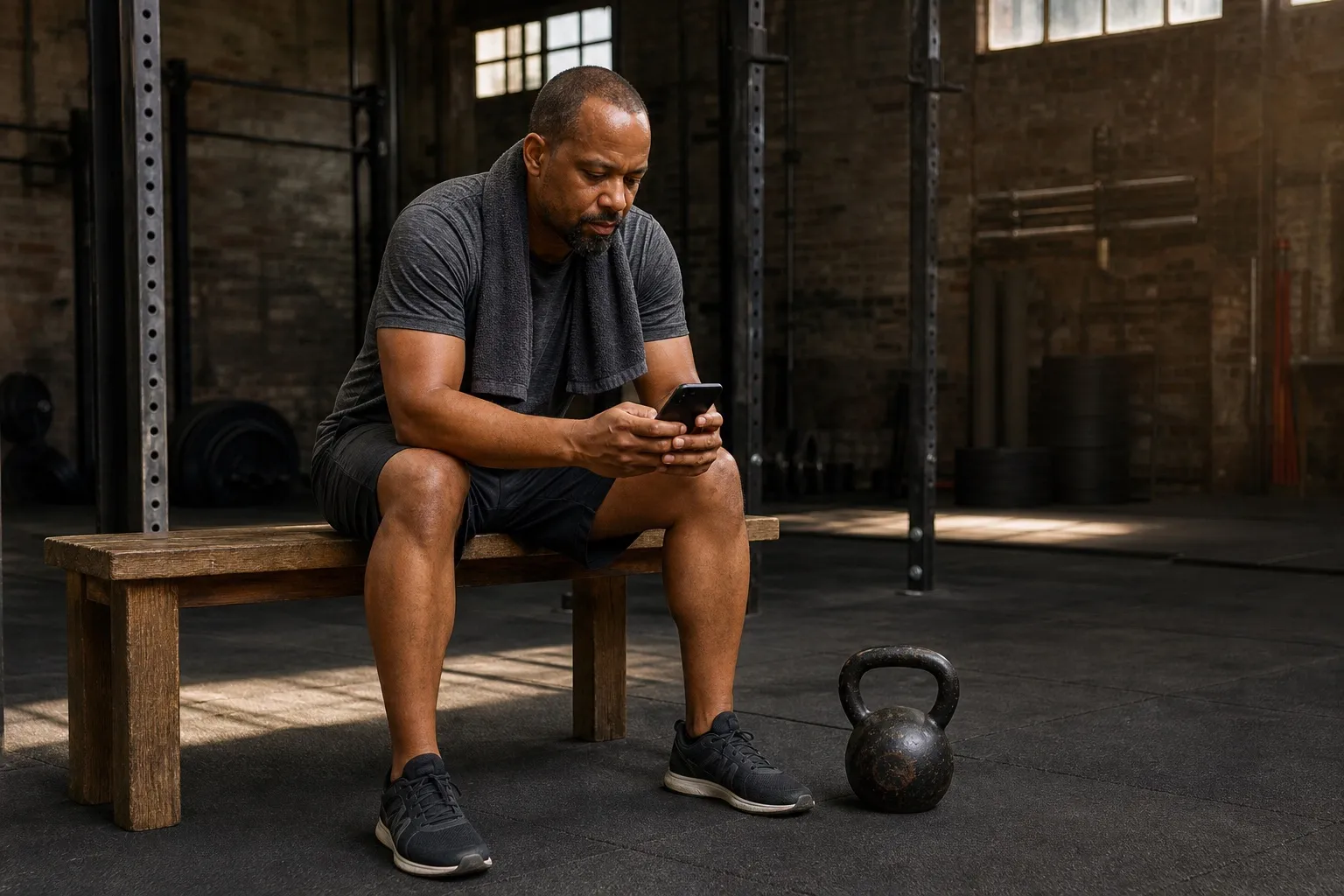 A man records a completed kettlebell set on his phone while seated beside the bell.