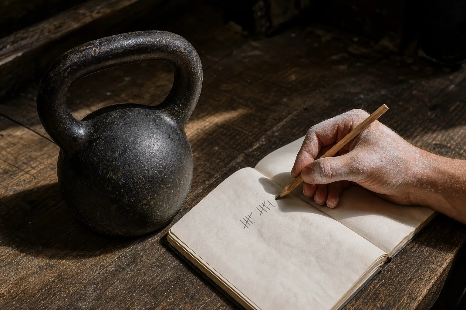 A chalk-dusted hand makes tally marks in a plain notebook beside one worn kettlebell.