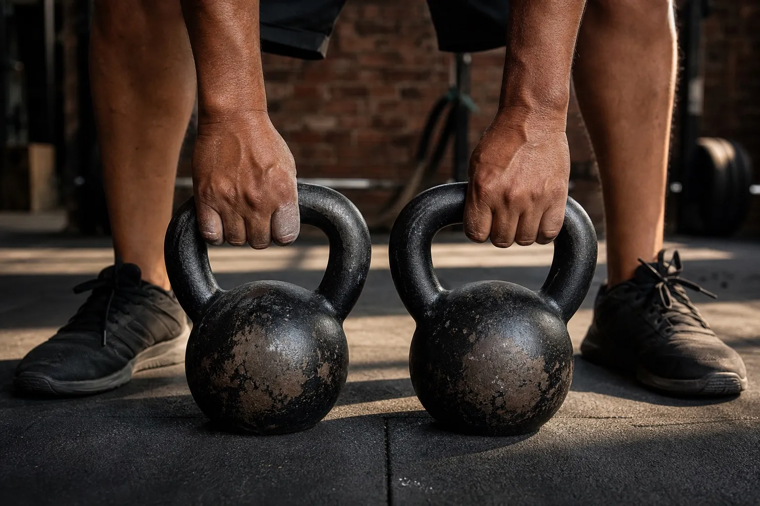 Two hands hold the handles of matching cast-iron kettlebells aligned on a worn gym floor.