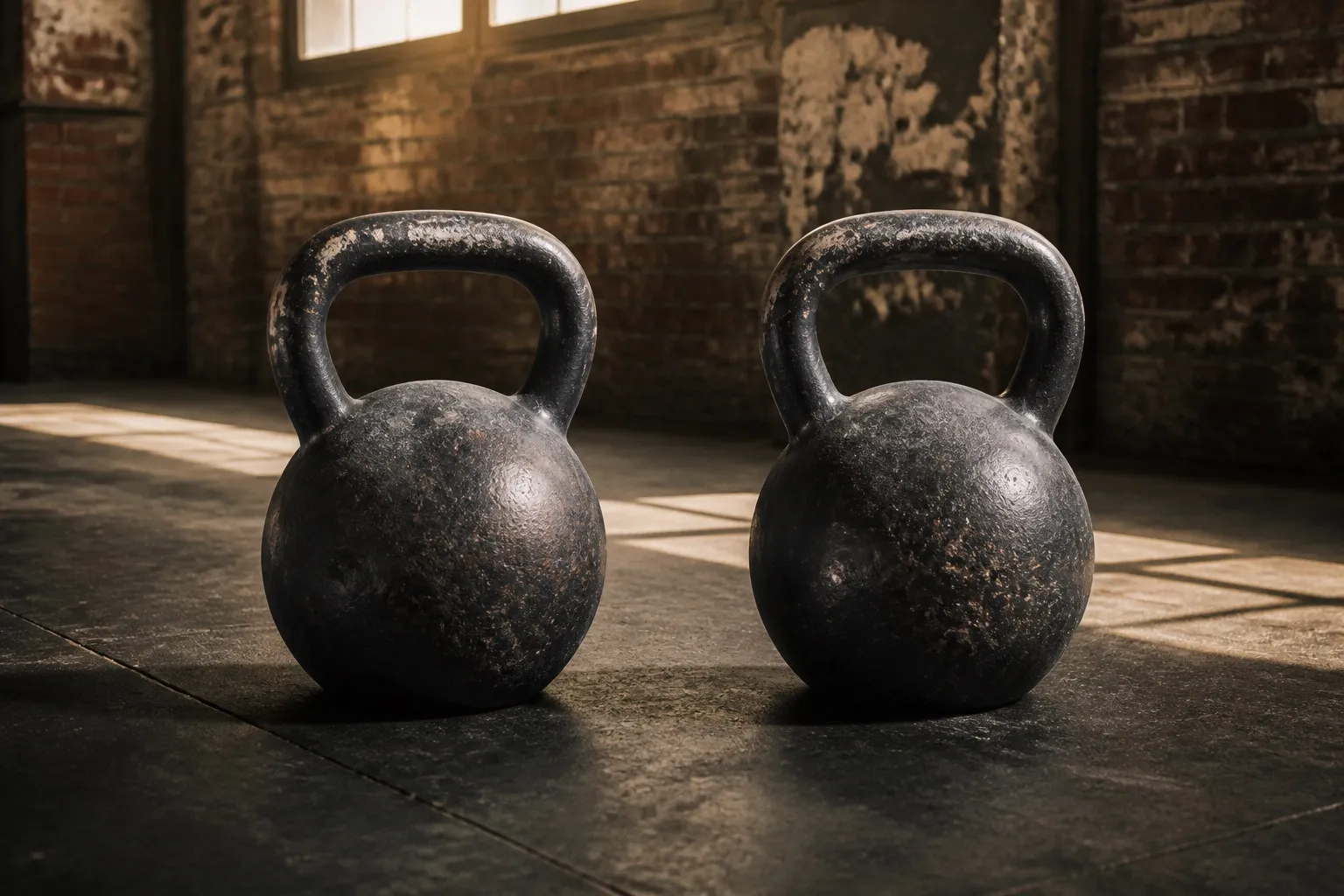 Two matching cast-iron kettlebells rest side by side on a worn gym floor before a complex.