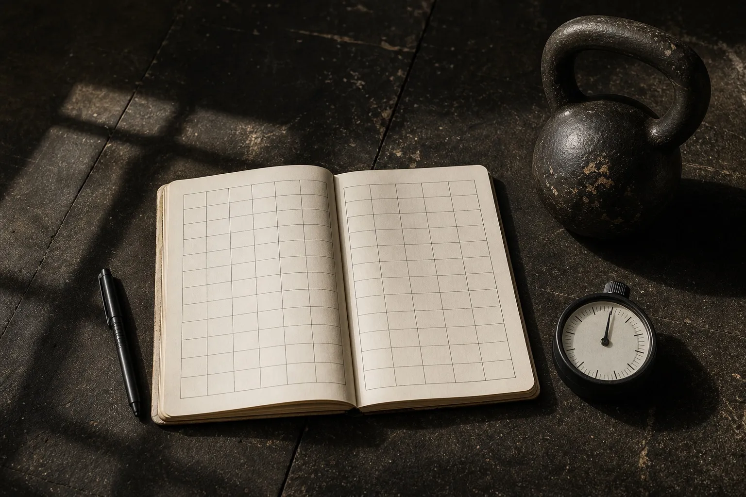 An open grid notebook, a pen, a timer, and a kettlebell are arranged on a worn gym floor.