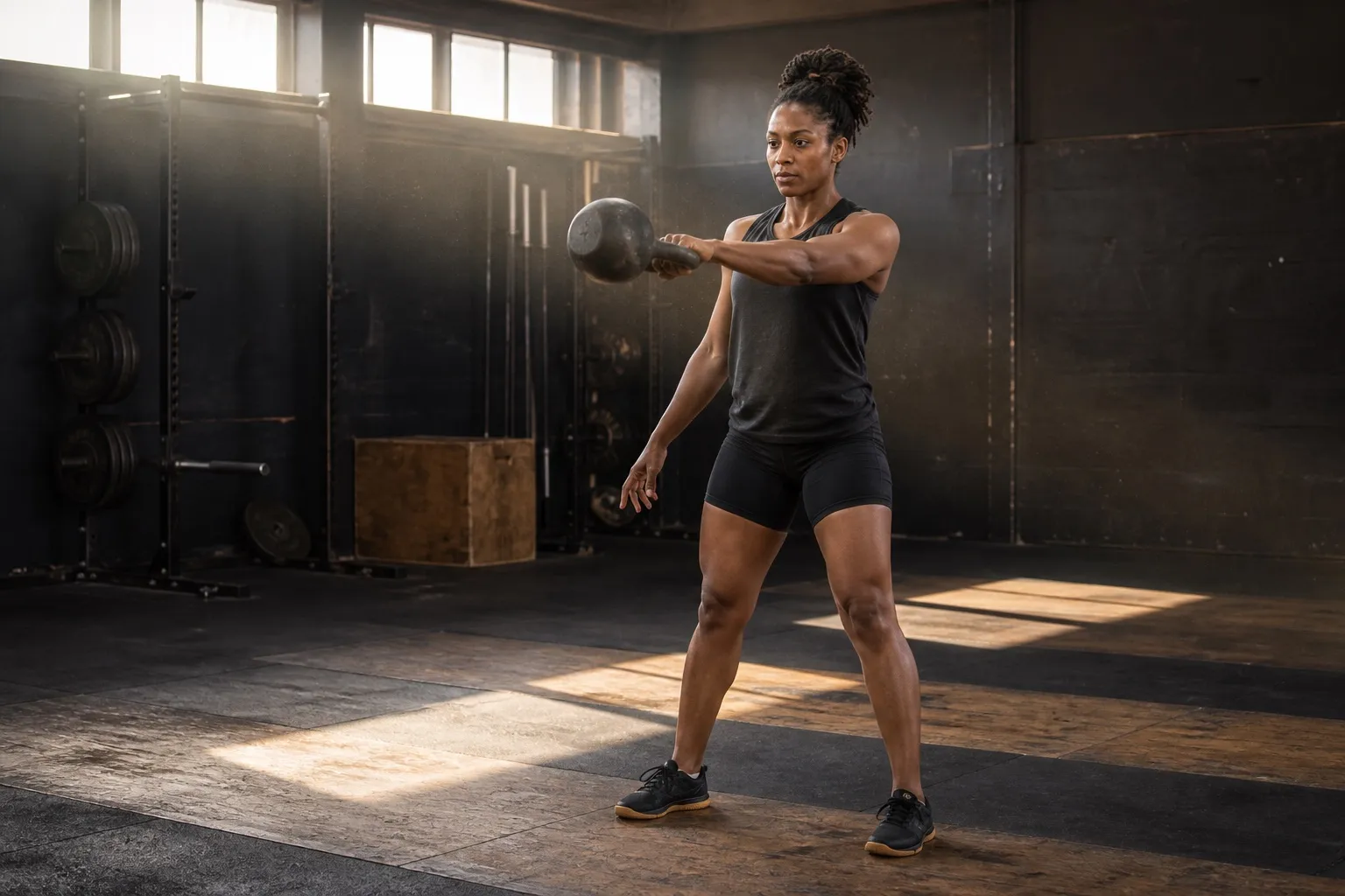 A woman performs a one-arm kettlebell swing in a spacious old gym.