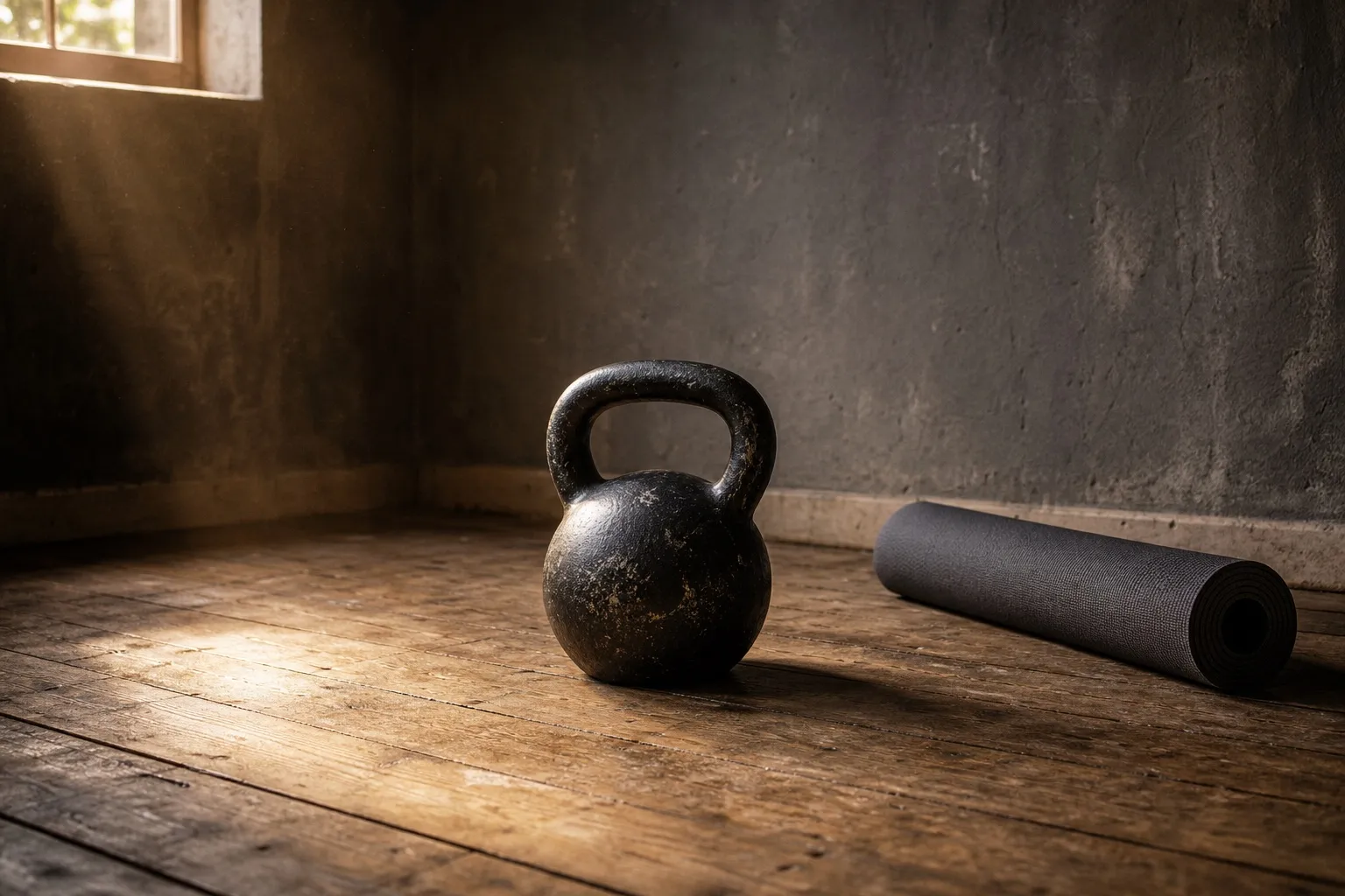 A single cast-iron kettlebell sits beside a rolled exercise mat in a small home training space.