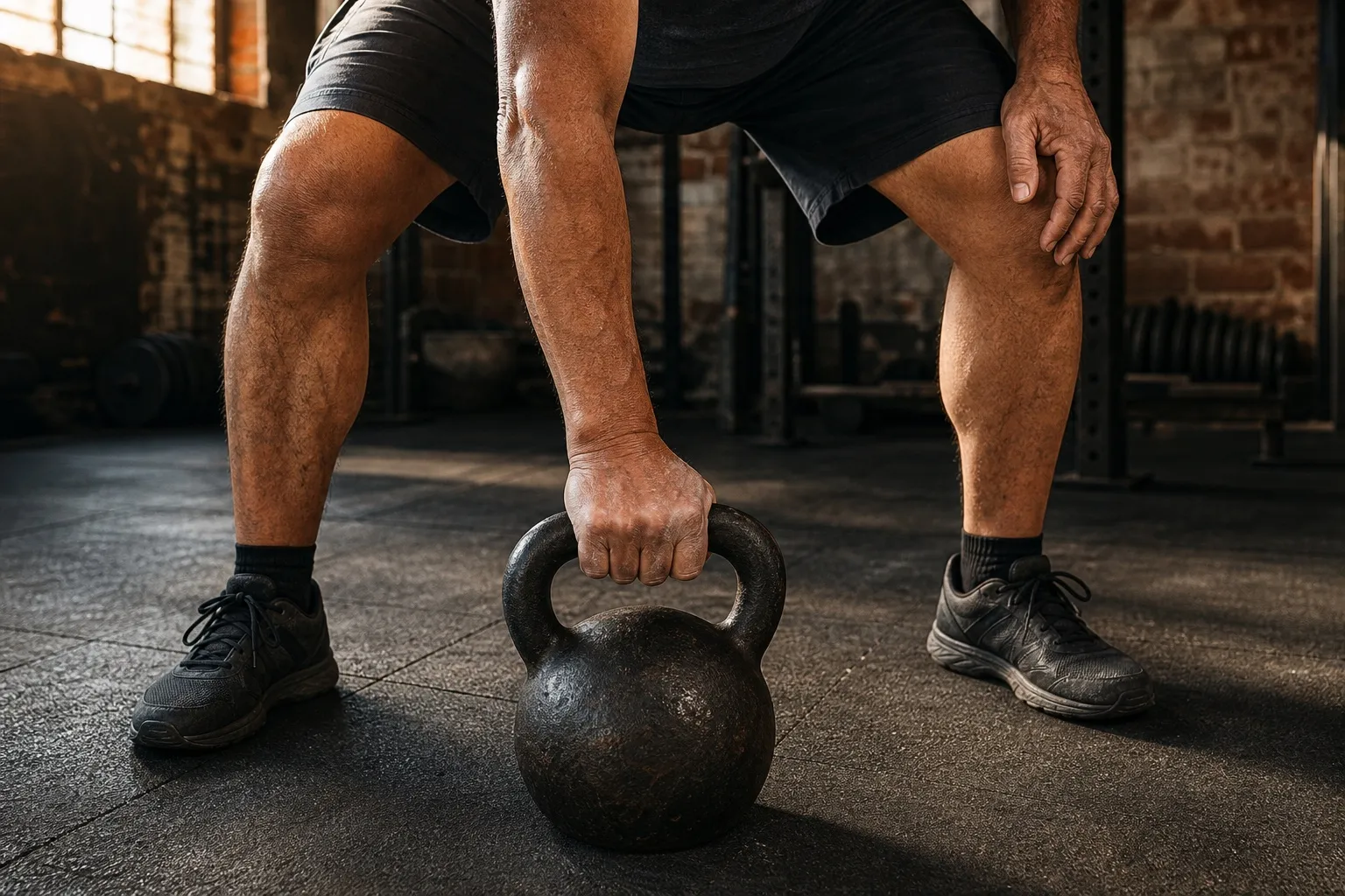 A single hand holds the center of a cast-iron kettlebell handle while the bell rests on the floor.