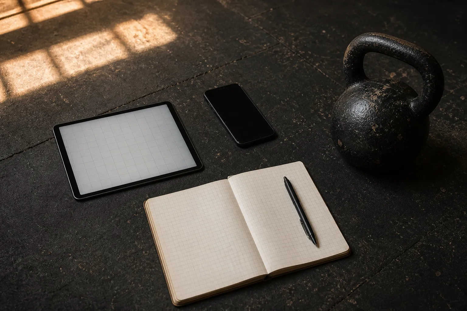 A tablet with an unlabeled grid, a blank paper log, a phone, and a kettlebell sit together on a worn gym floor.