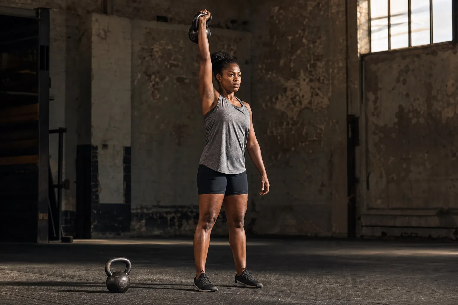 A woman presses a kettlebell overhead while a second bell rests on a worn rubber floor.