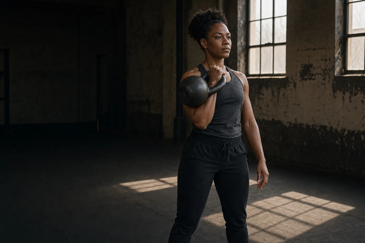 A woman holds a cast-iron kettlebell quietly against her forearm in the rack position.