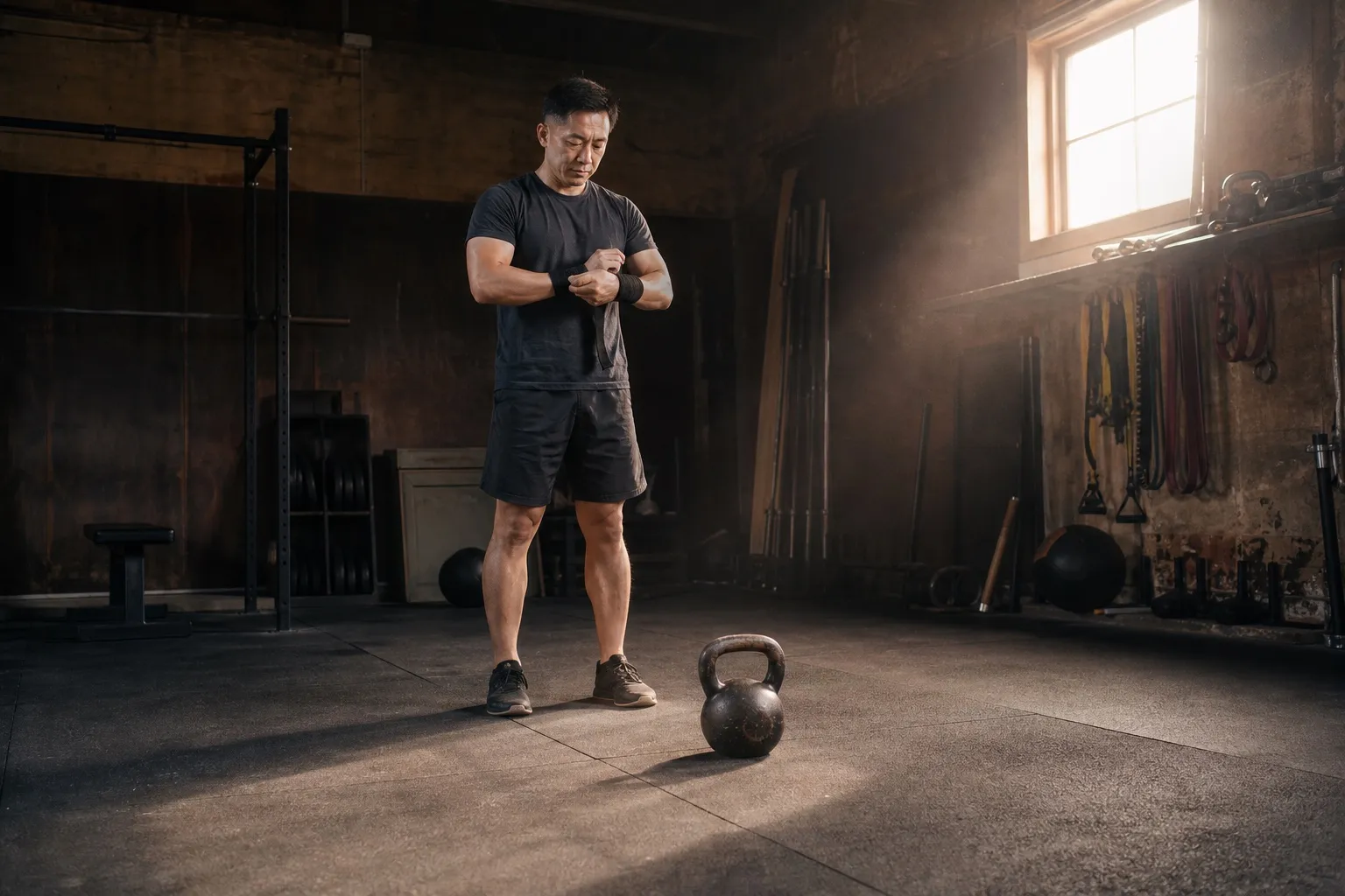 A man prepares to train with one kettlebell in a clear garage gym.