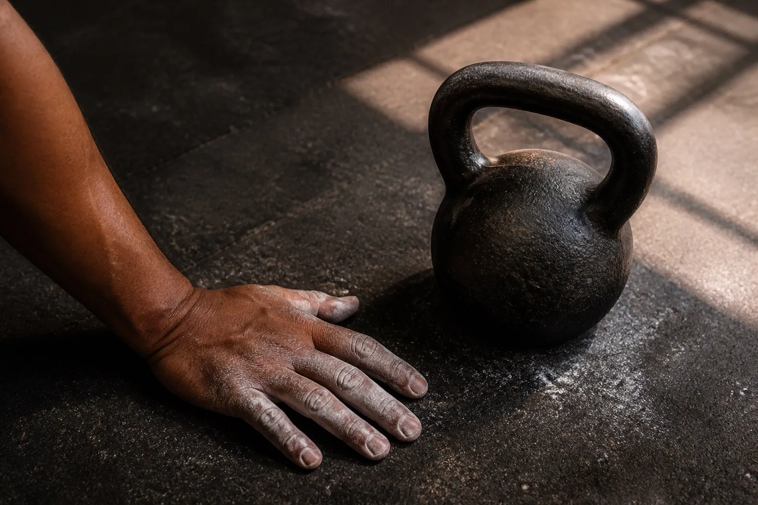 A chalk-dusted hand rests beside a kettlebell between timed swing sets.