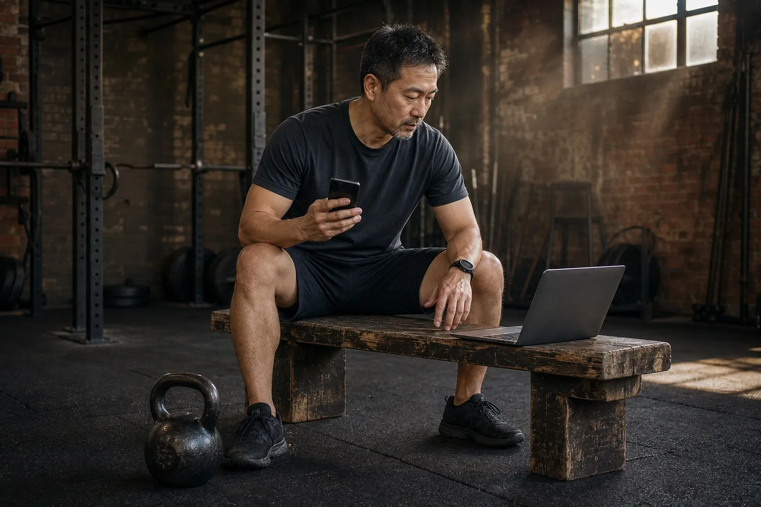 A man reviews a phone and an open laptop beside a kettlebell after training.