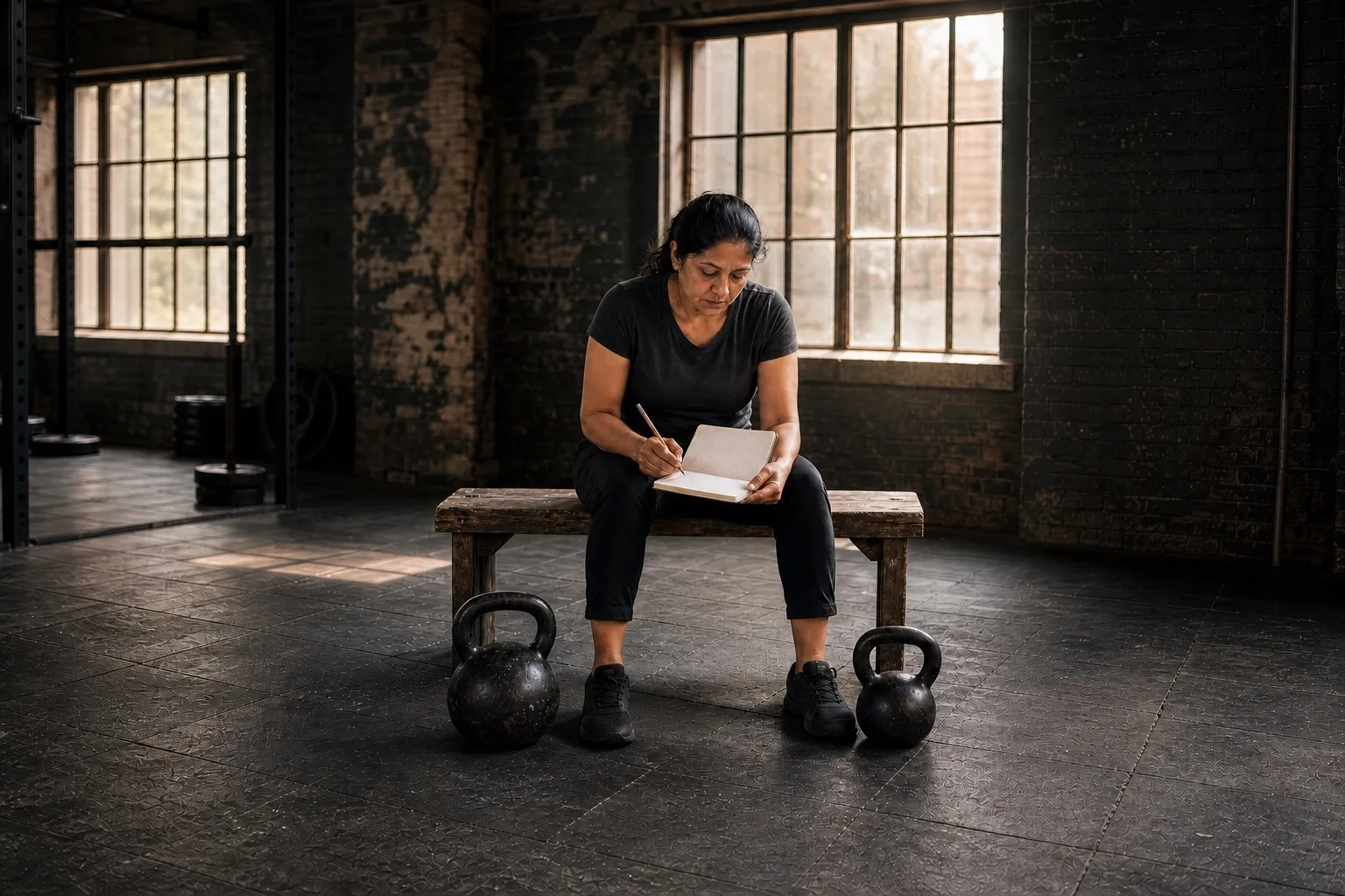 A woman reviews her training log beside two kettlebells after a workout.