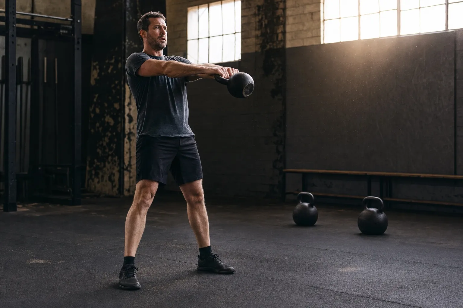 A man performs a two-hand swing while two other cast-iron kettlebells wait on the floor behind him.