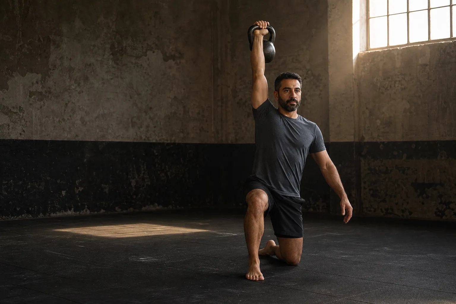 A man holds a kettlebell overhead in a steady half-kneeling position during a get-up.