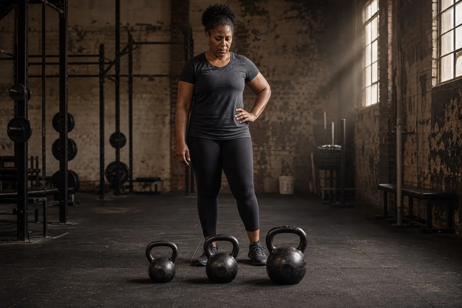 A woman stands behind three cast-iron kettlebells of different sizes on a worn gym floor.
