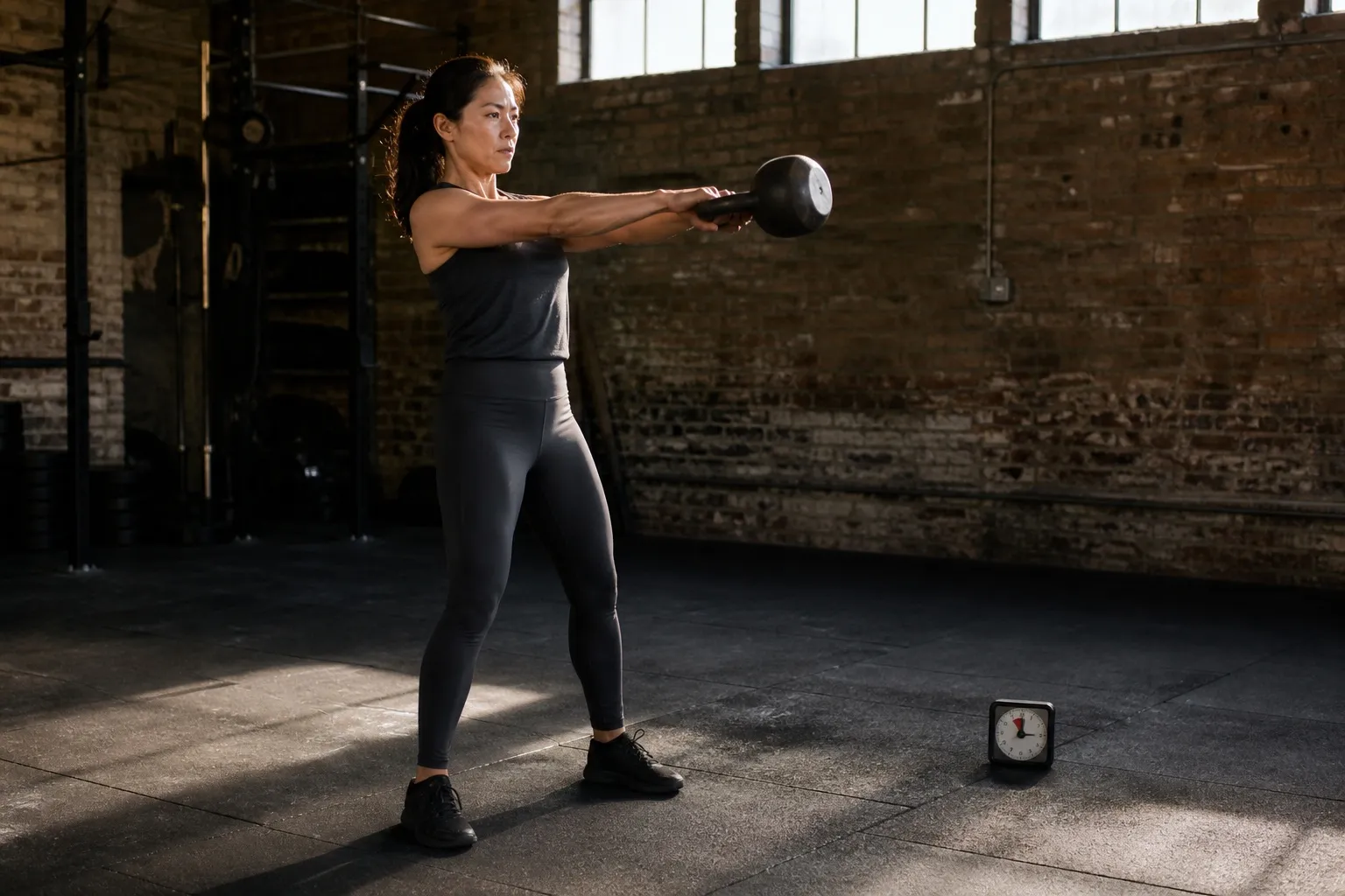A woman performs a two-hand kettlebell swing near an interval timer.
