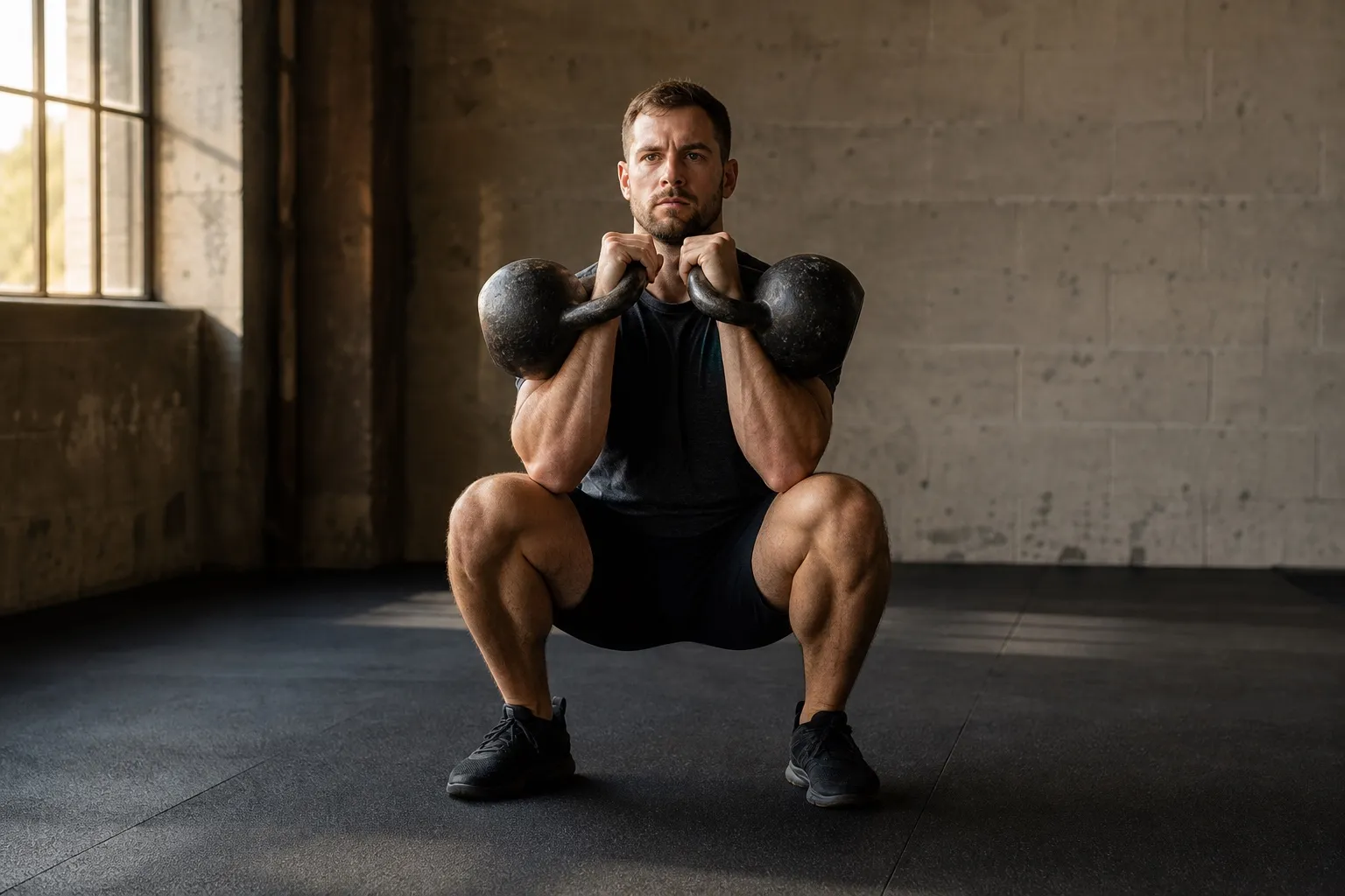 An athlete holds two kettlebells in the front-rack position at the bottom of a squat.