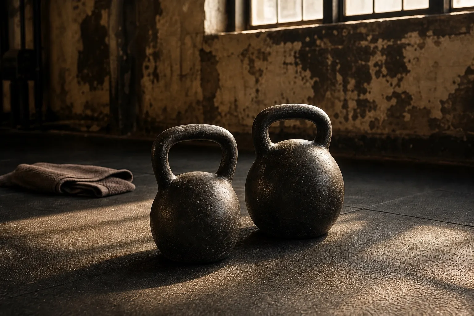 Two cast-iron kettlebells of adjacent sizes stand on a worn gym floor beside a folded towel.