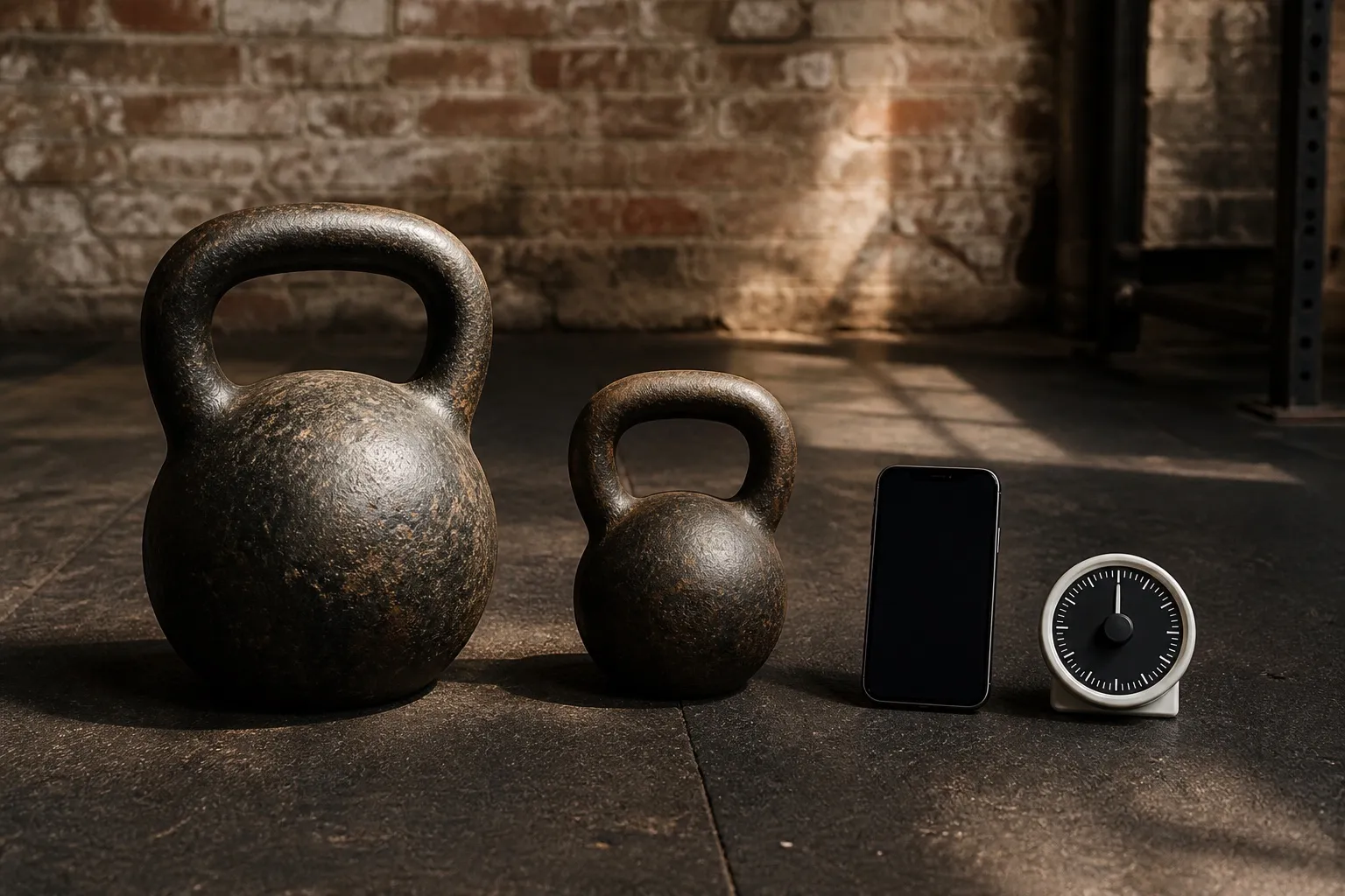 Two kettlebells of different weights sit beside a phone and an analog timer on a worn rubber floor.