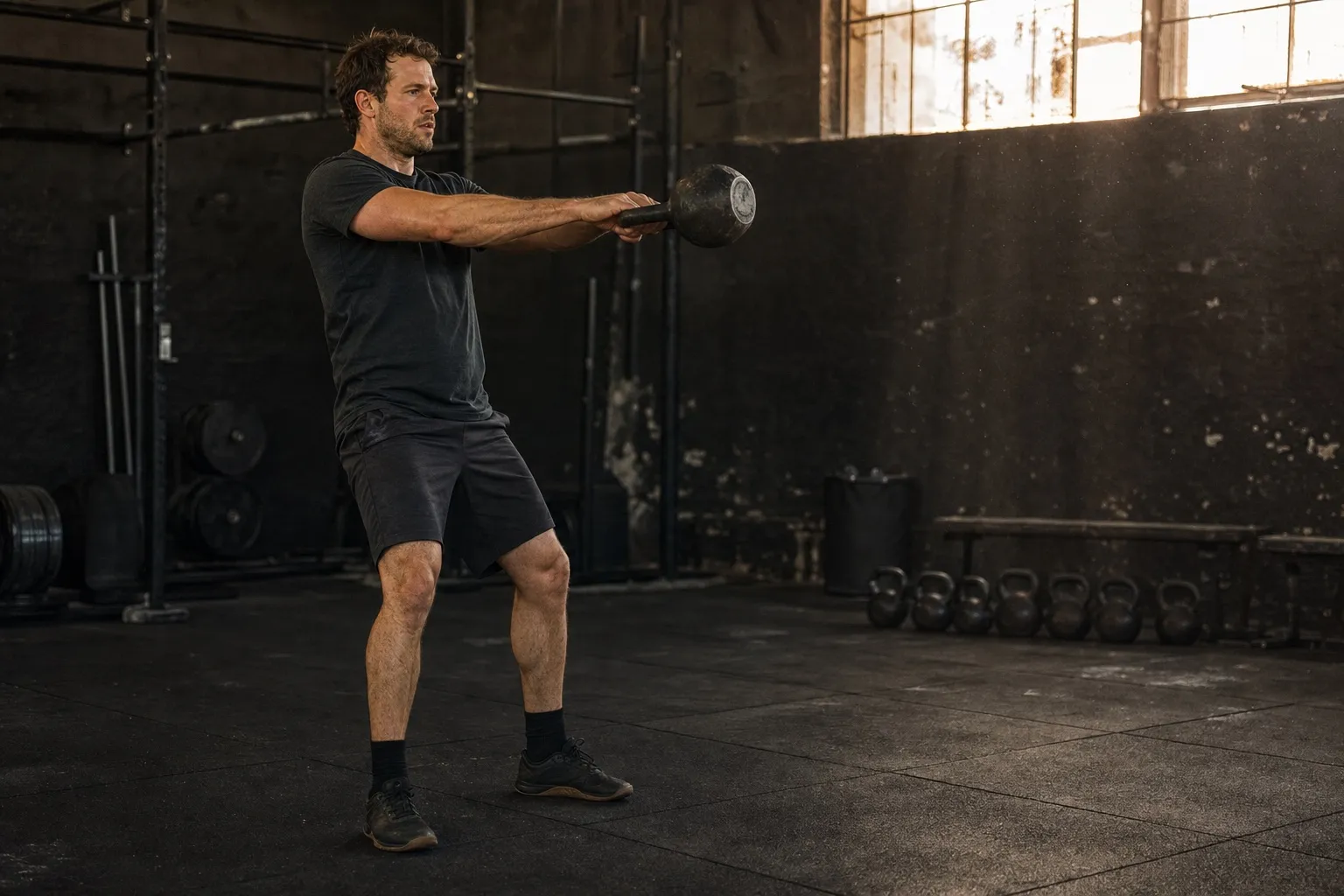 A man performs a two-hand kettlebell swing in a dark gym lit by warm sunlight.