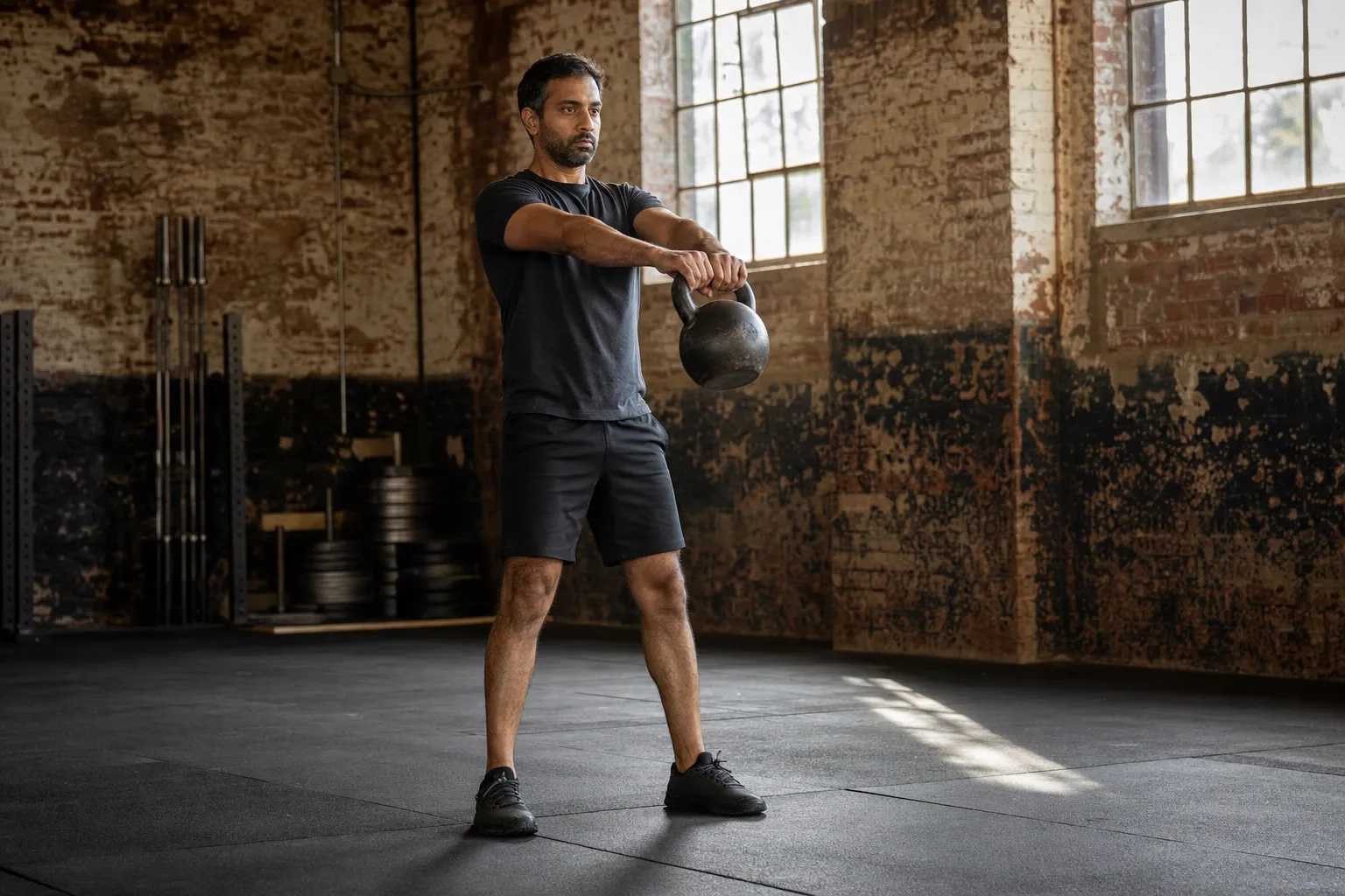 A man stands tall as a cast-iron kettlebell floats at chest height during a two-hand swing.