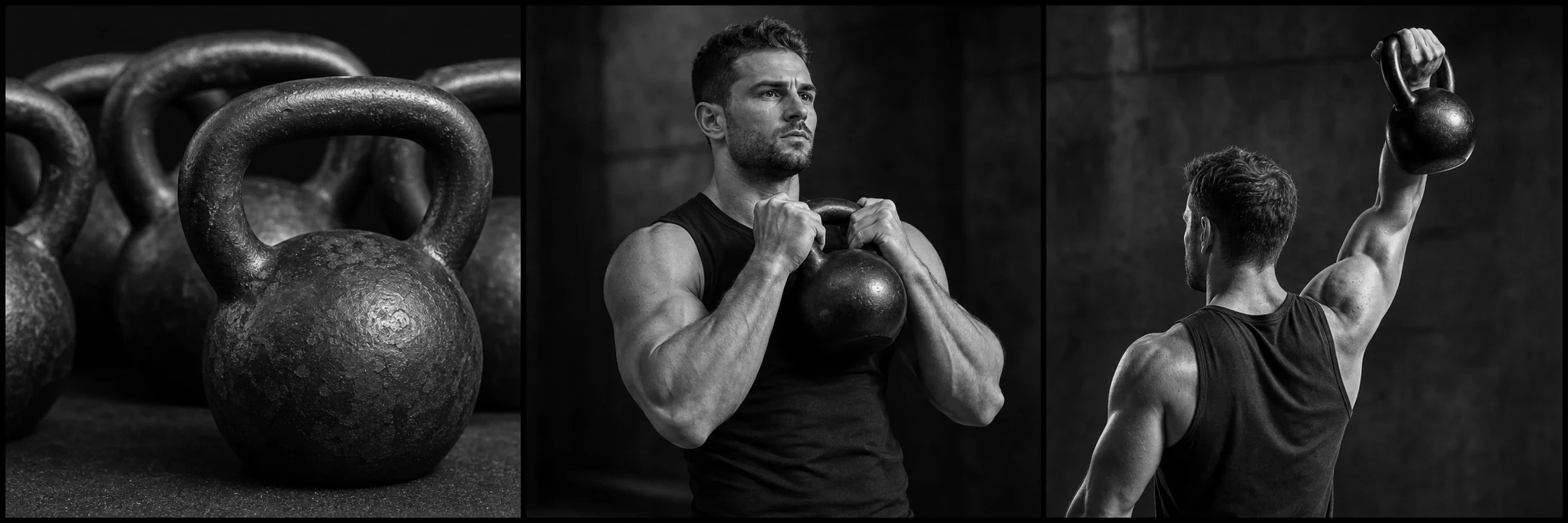 Kettlebells and two athletes training with controlled overhead holds